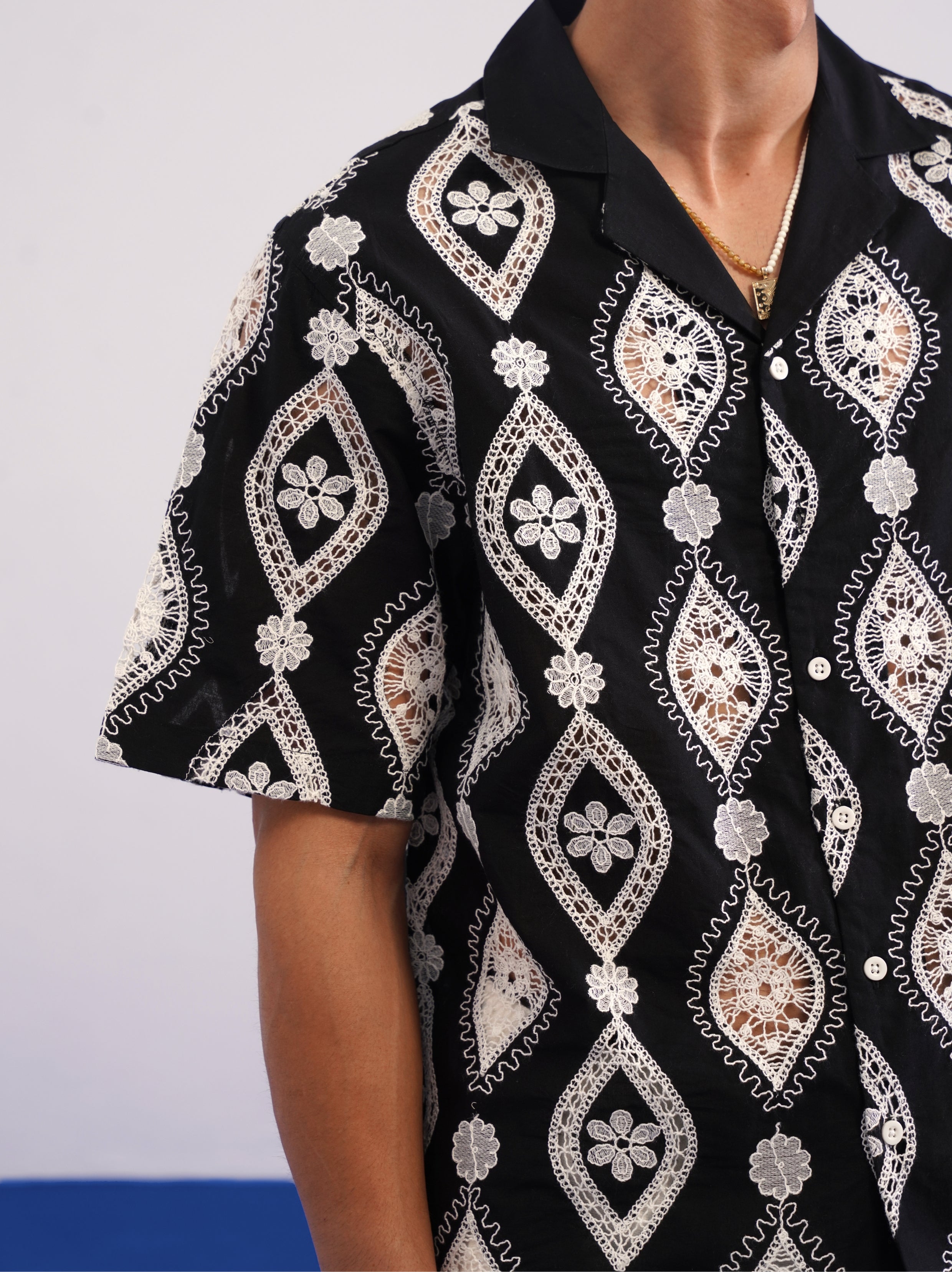 OASIS MEDALLION COTTON CUTWORK SHIRT - MIDNIGHT BLACK