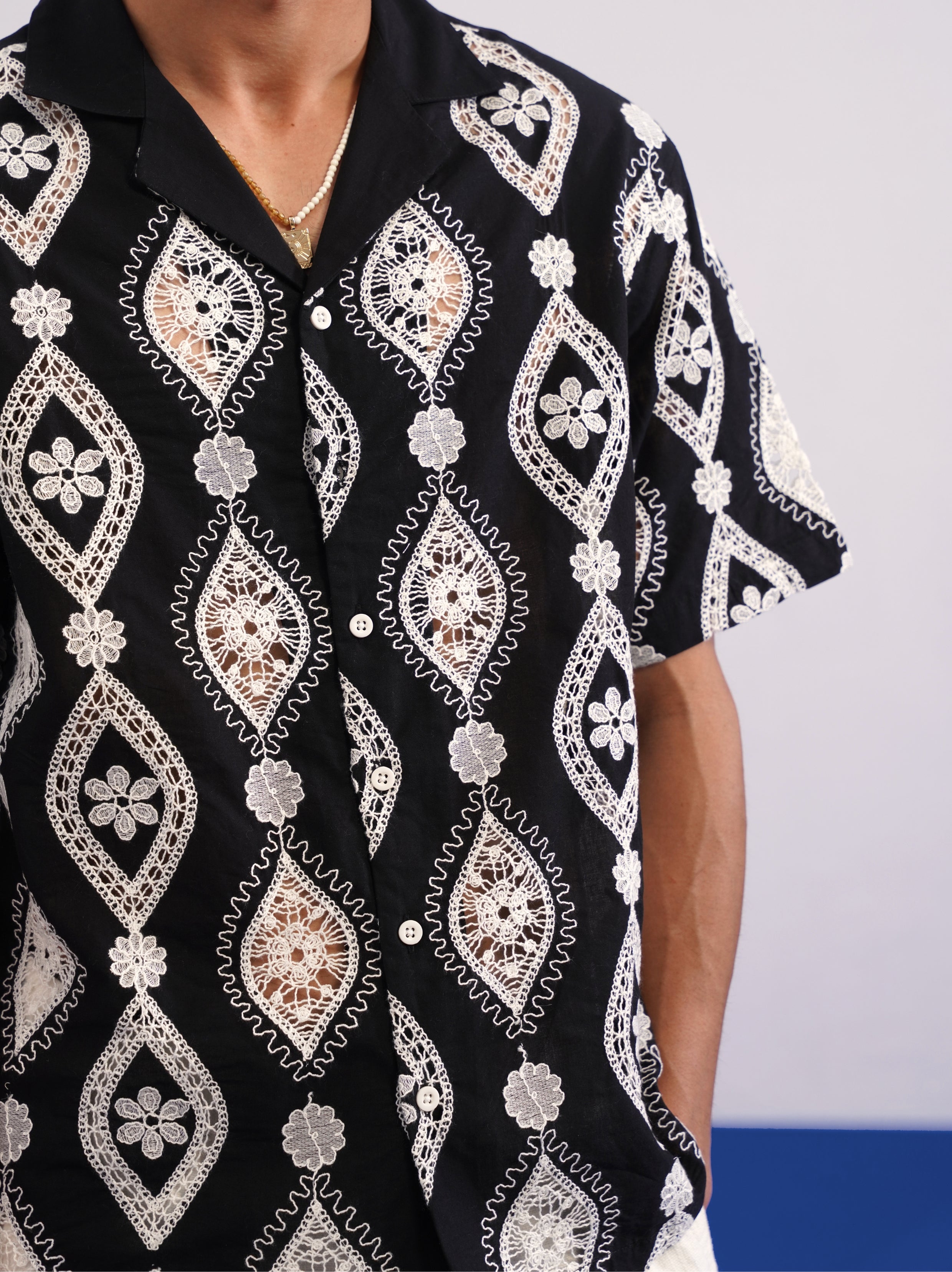OASIS MEDALLION COTTON CUTWORK SHIRT - MIDNIGHT BLACK
