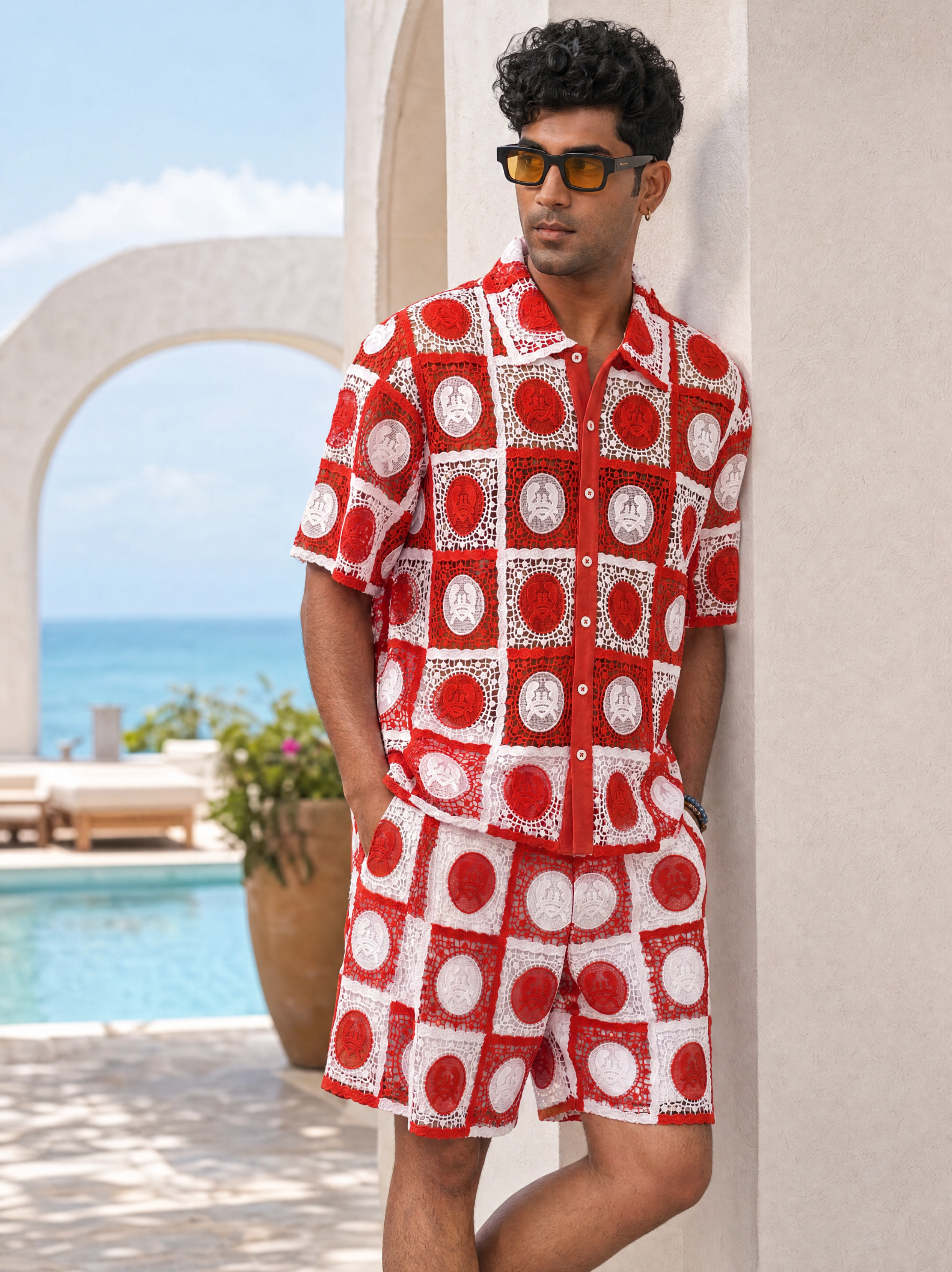 KRAB CREST GUIPURE CO-ORD SET - CORAL CREST