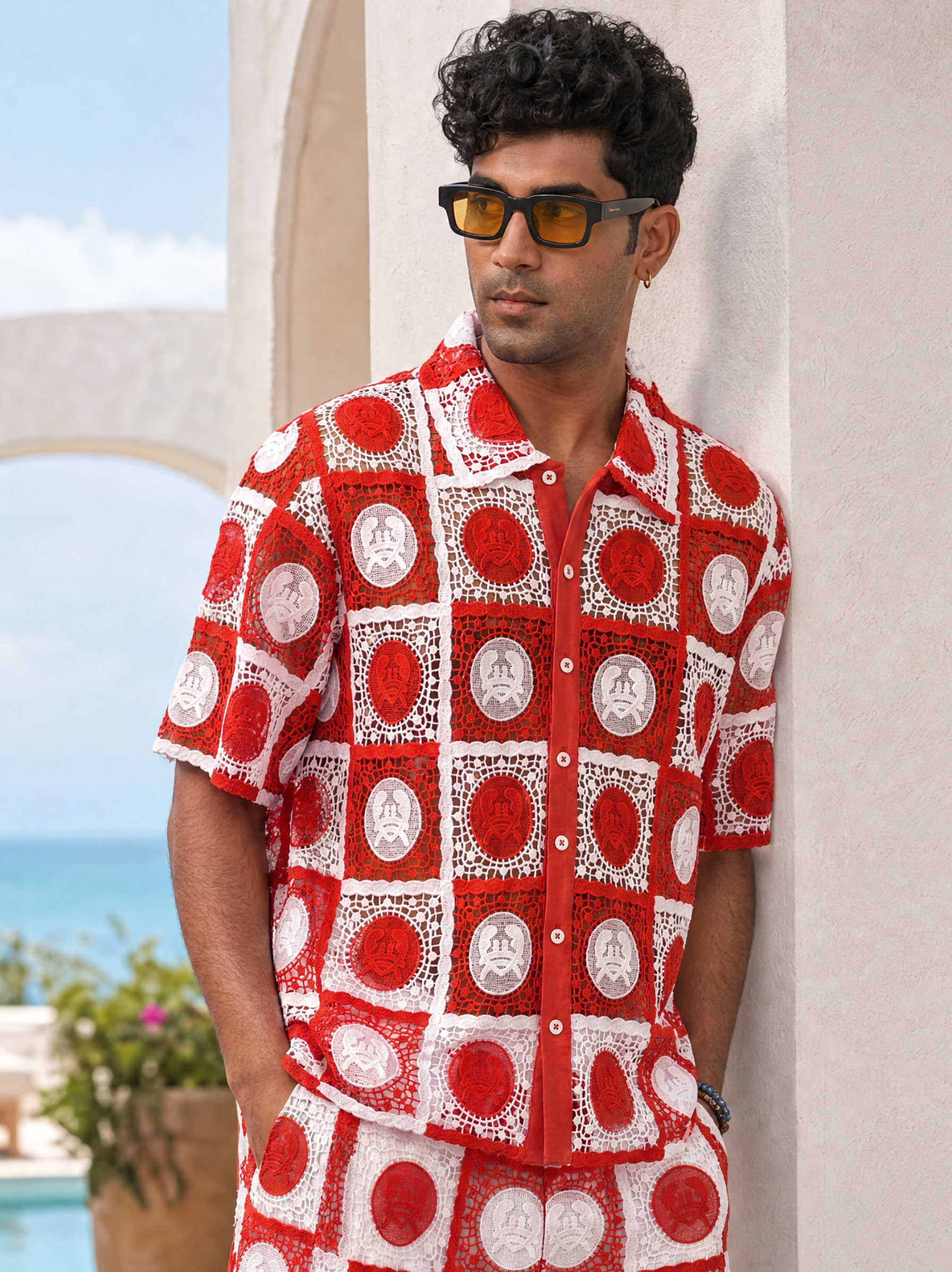 KRAB CREST GUIPURE SHIRT - CORAL CREST
