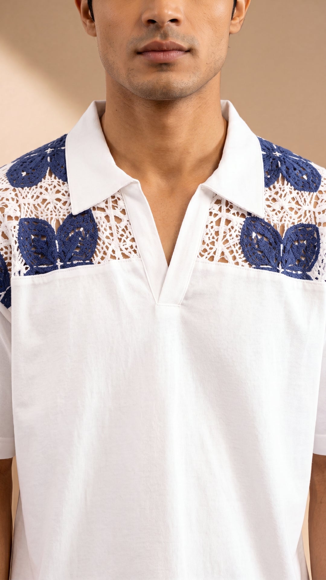 RIVIERA GUIPURE COTTON KNIT T-SHIRT - PORCELAIN NAVY