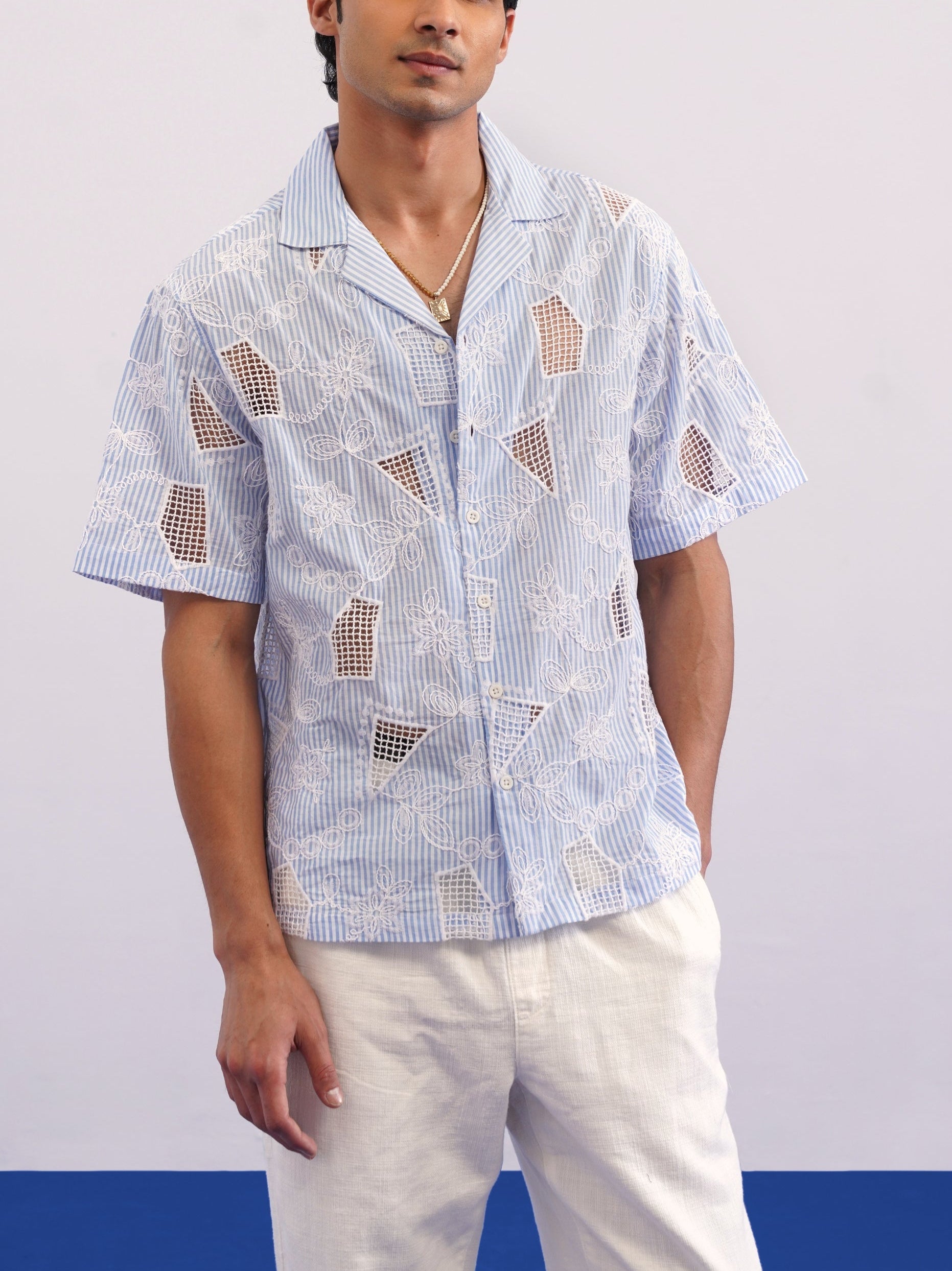 MARINA BLOOM COTTON STRIPE CUTWORK SHIRT - SKY STRIPE/SALT