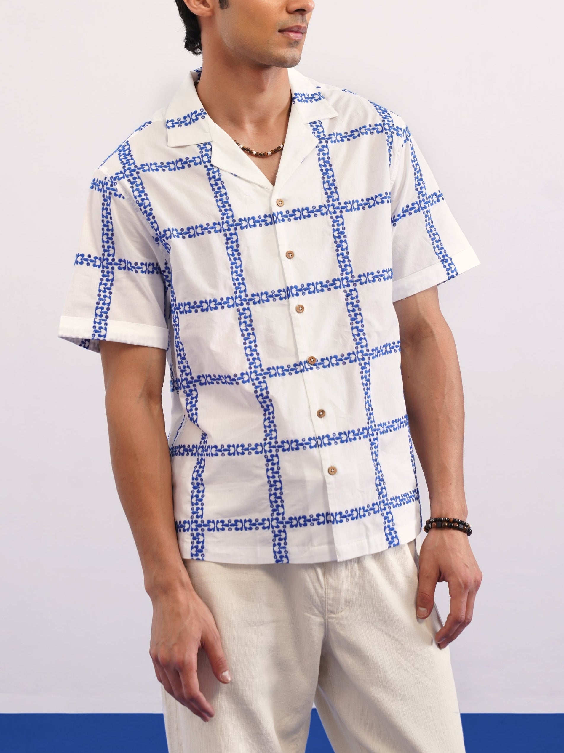 CABANA BLOOM COTTON SHIRT - SALT/COBALT BLUE