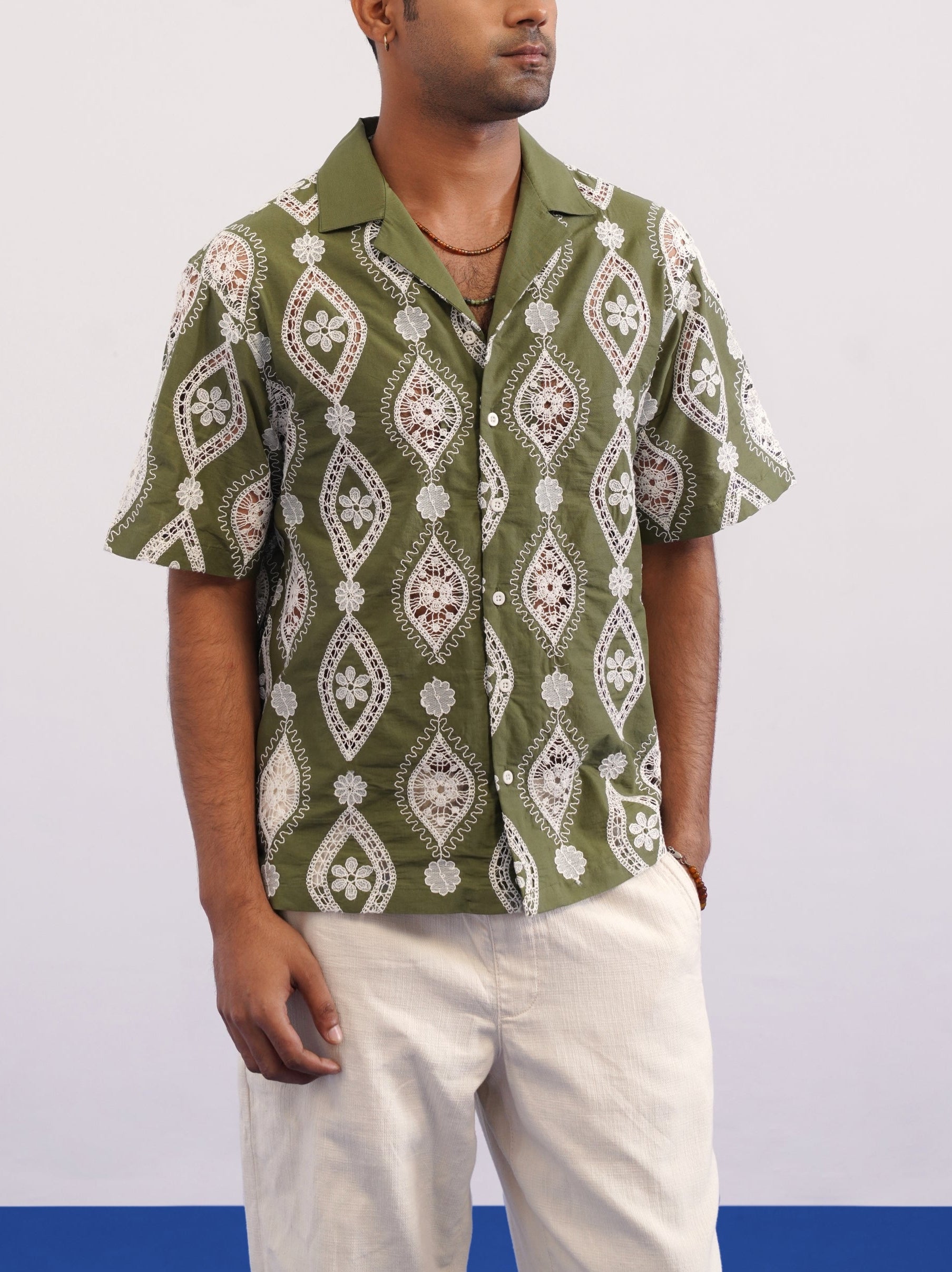 OASIS MEDALLION COTTON CUTWORK SHIRT - PALM OLIVE