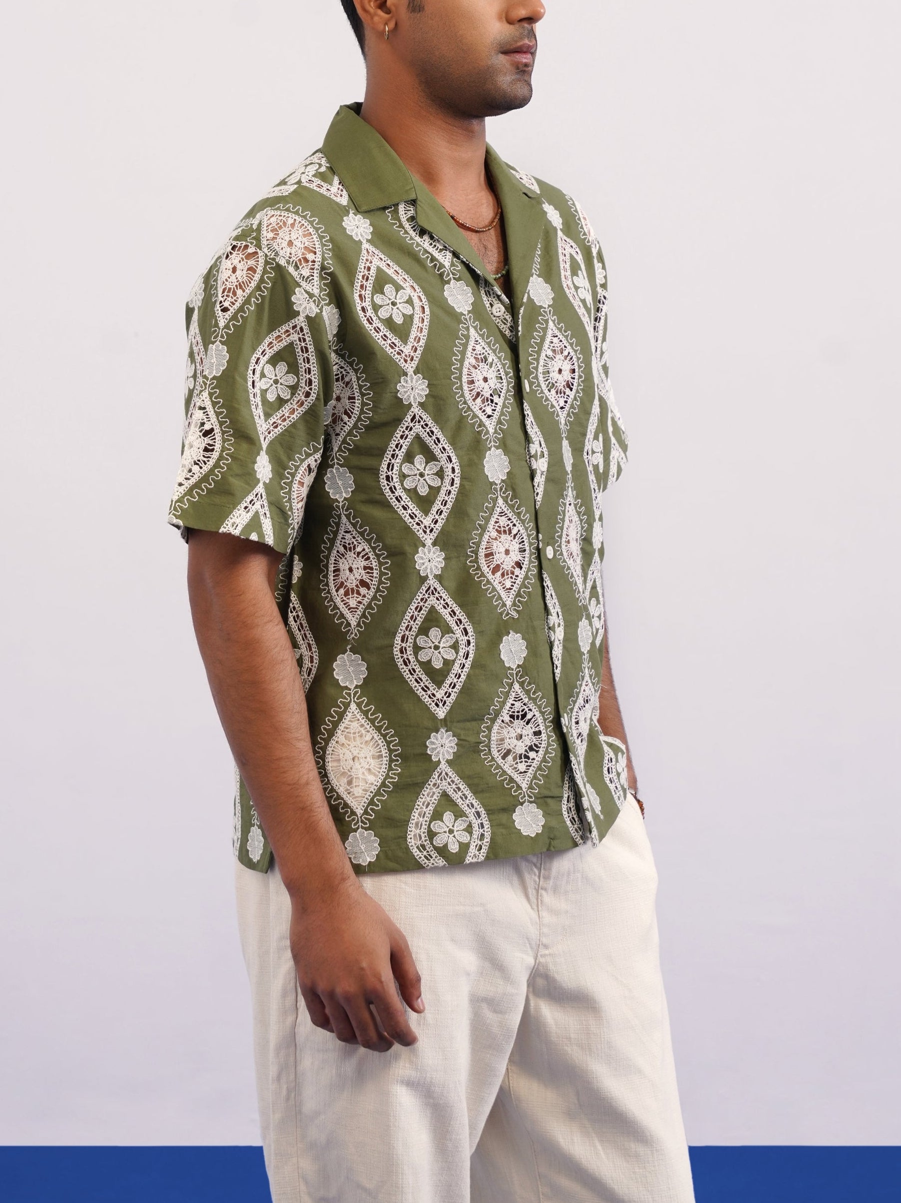 OASIS MEDALLION COTTON CUTWORK SHIRT - PALM OLIVE