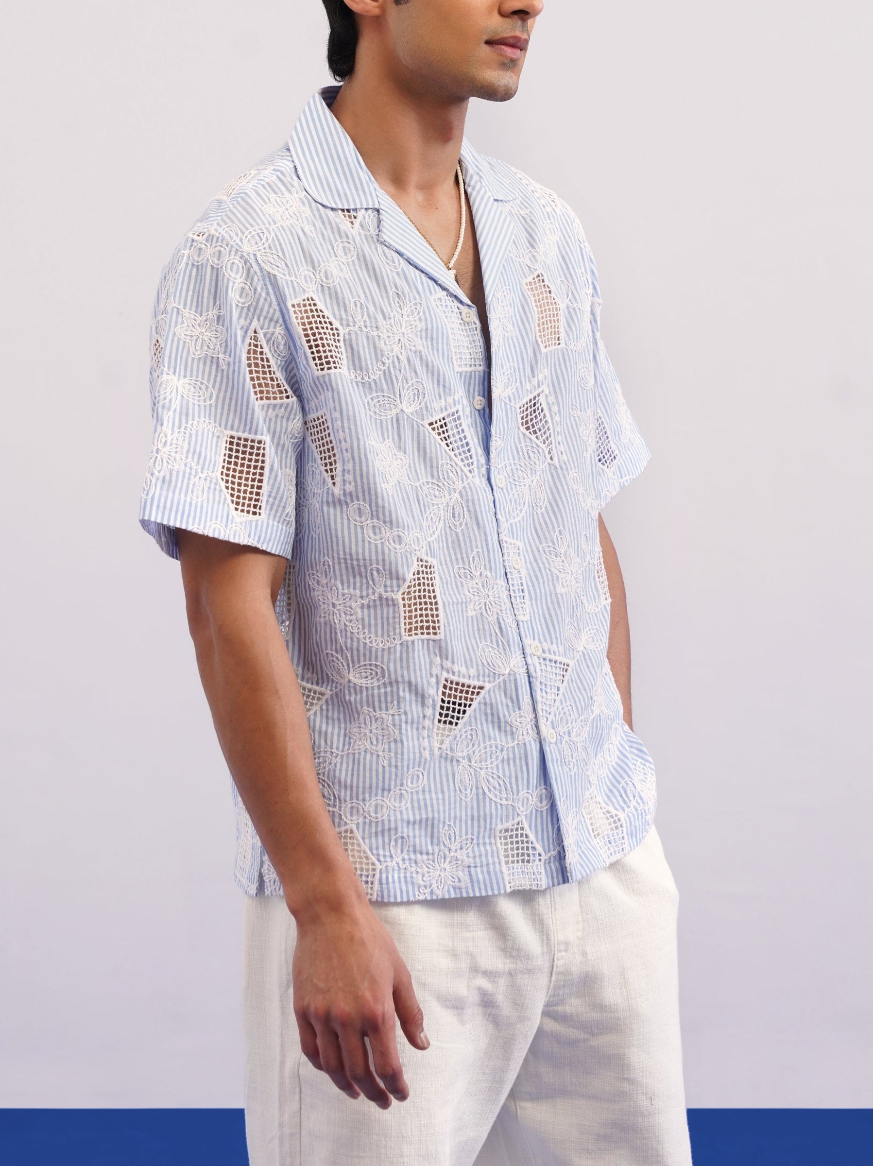 MARINA BLOOM COTTON STRIPE CUTWORK SHIRT - SKY STRIPE/SALT