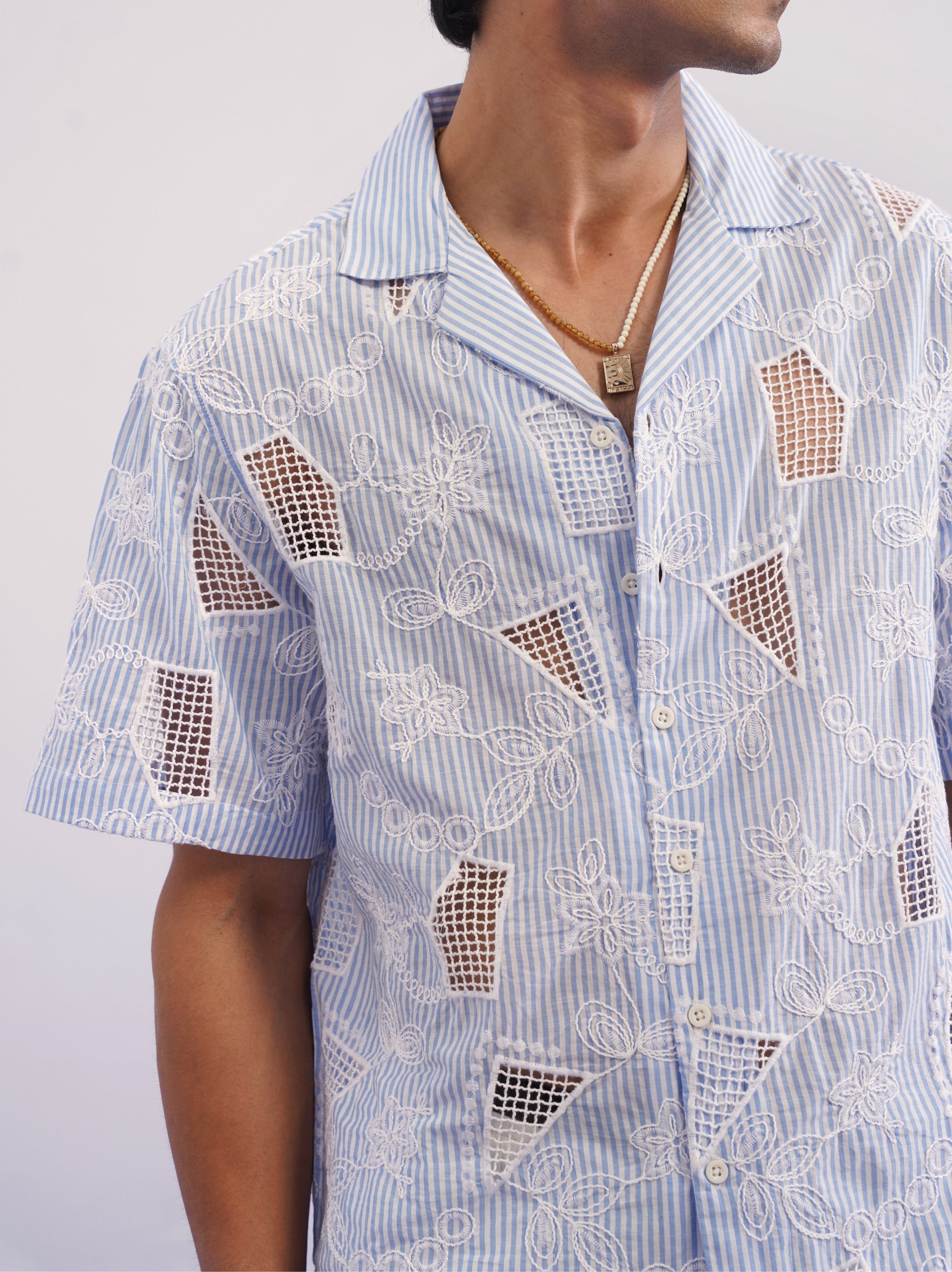 MARINA BLOOM COTTON STRIPE CUTWORK SHIRT - SKY STRIPE/SALT