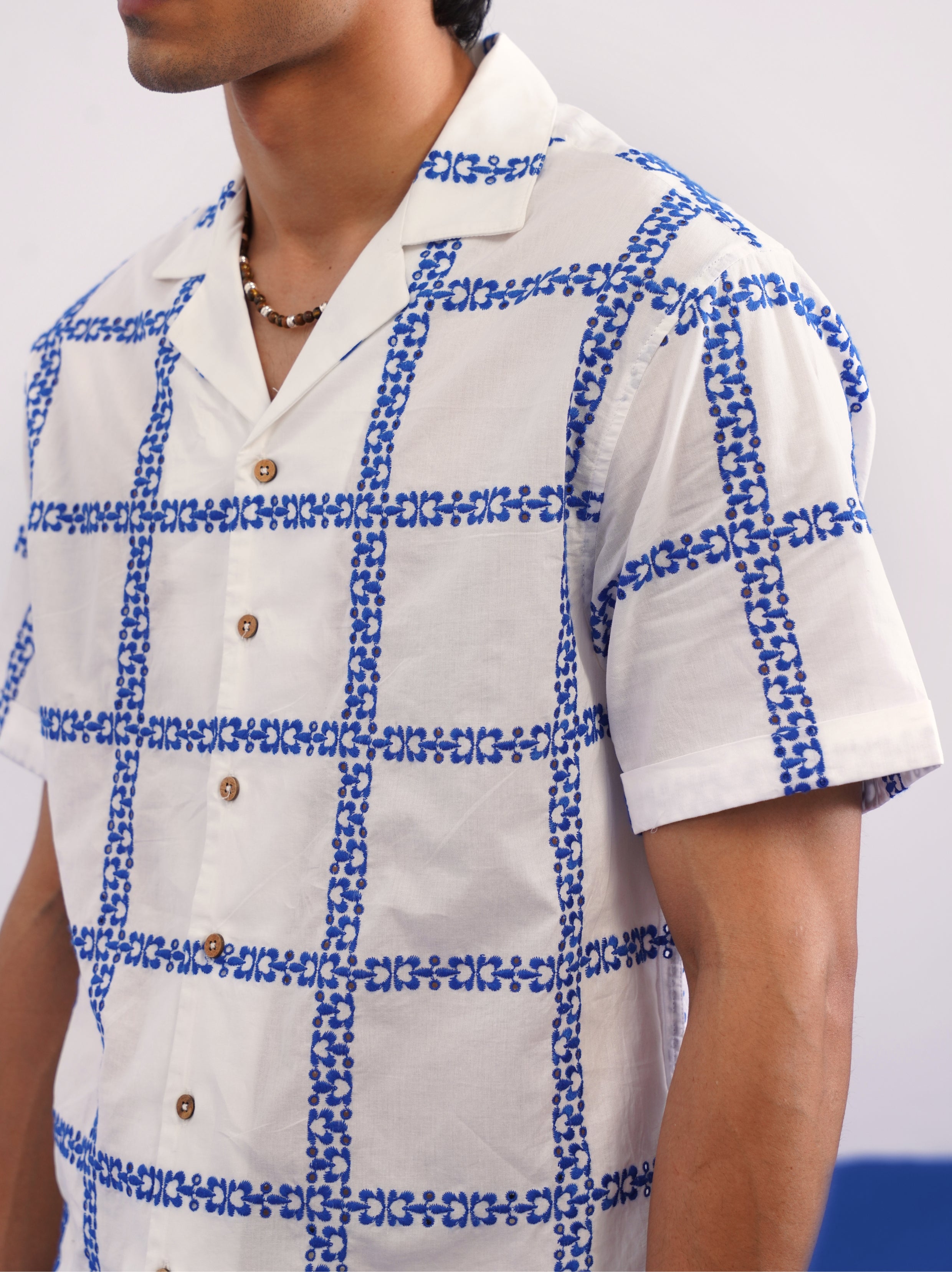 CABANA BLOOM COTTON SHIRT - SALT/COBALT BLUE