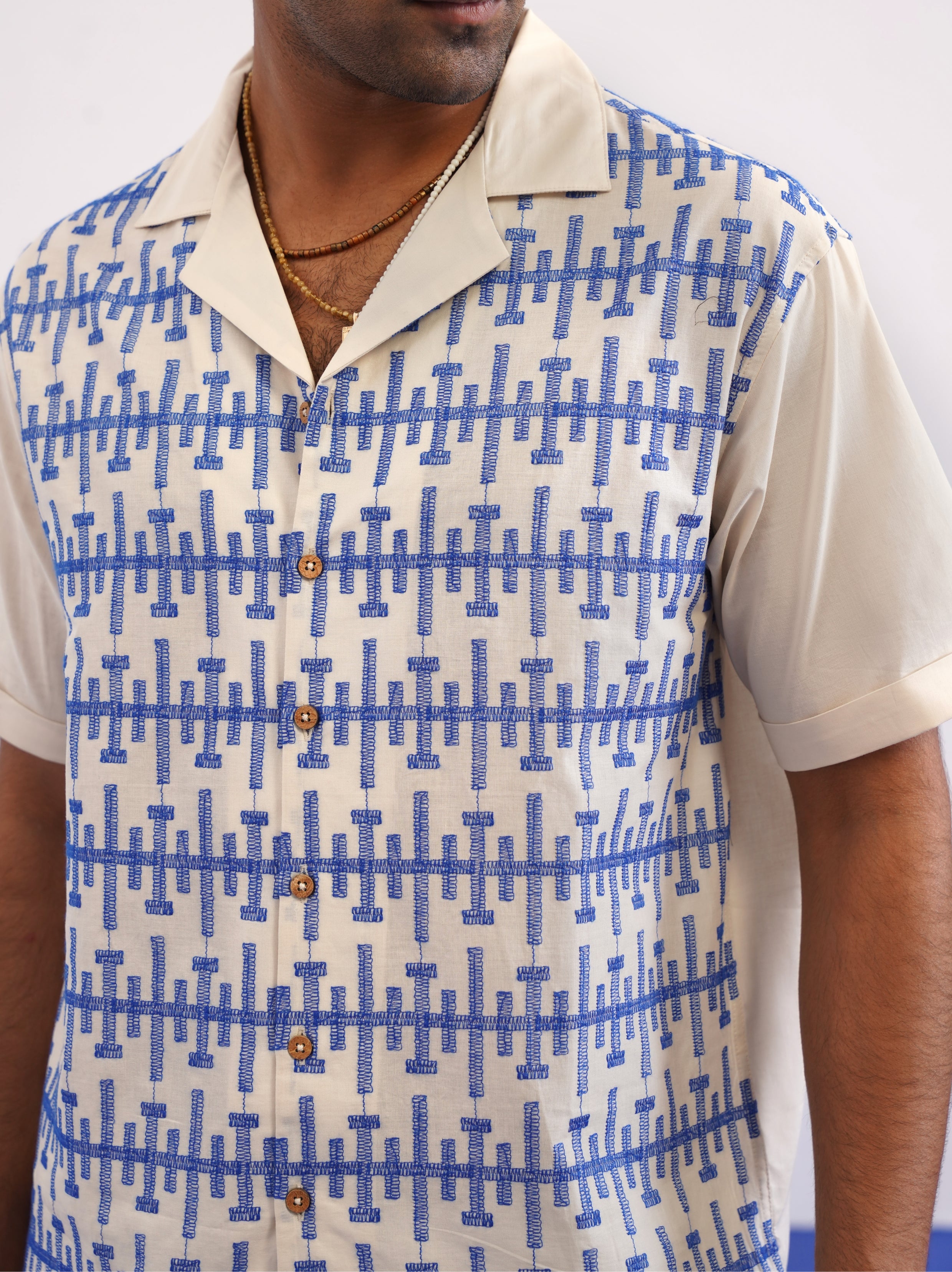 PIERLINE COTTON SHIRT - ECRU/COBALT BLUE