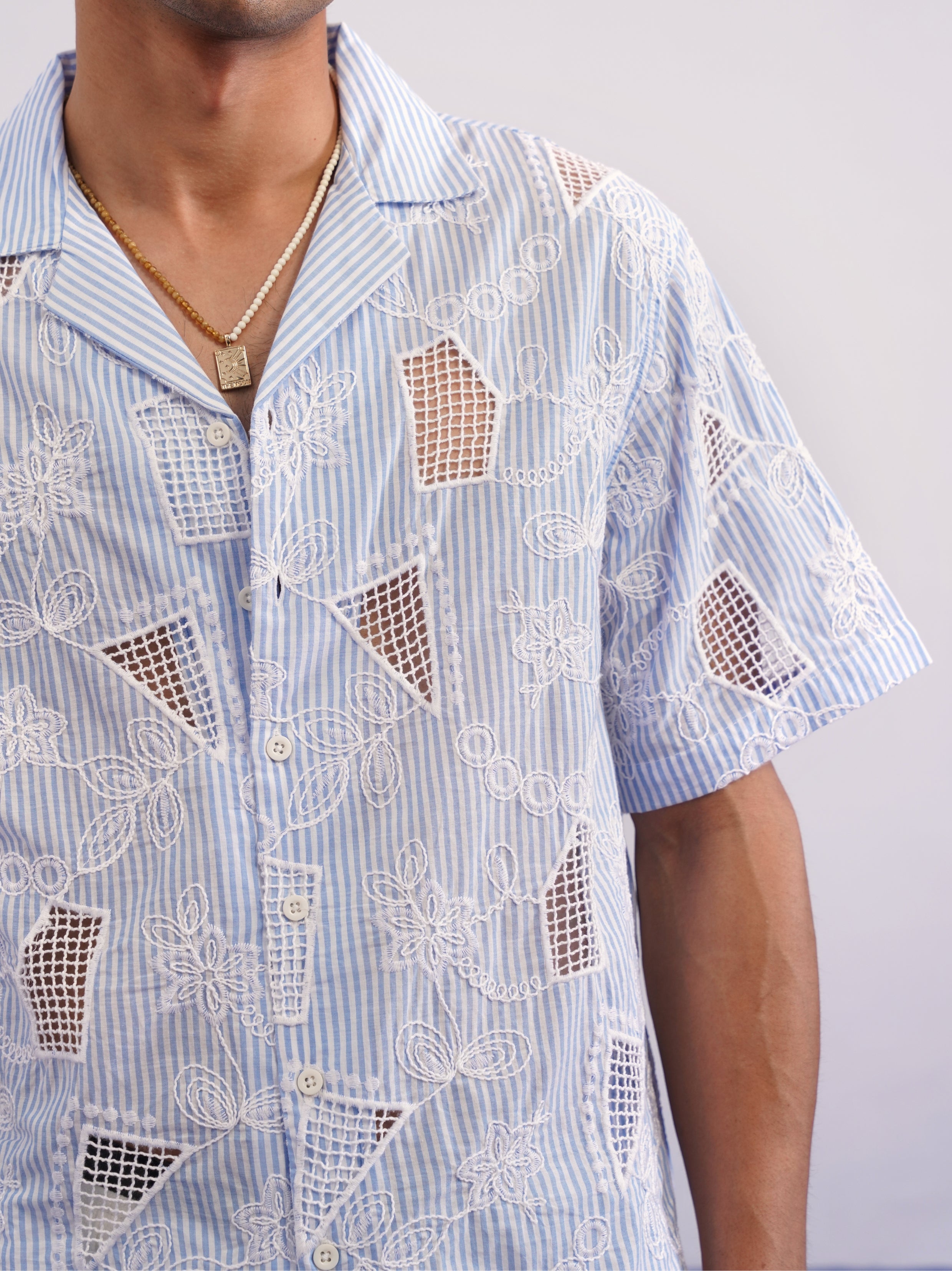 MARINA BLOOM COTTON STRIPE CUTWORK SHIRT - SKY STRIPE/SALT