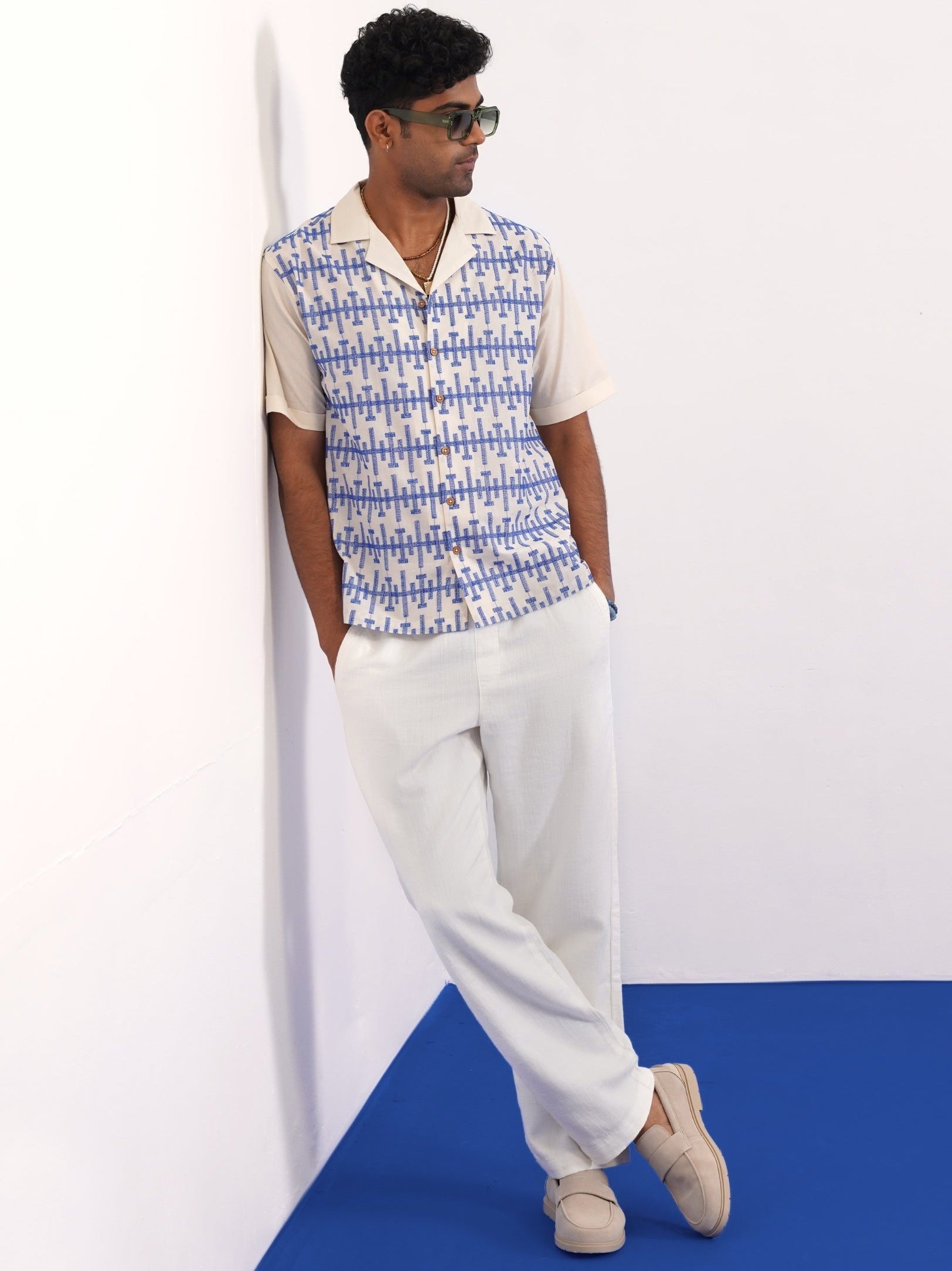 PIERLINE COTTON SHIRT - ECRU/COBALT BLUE
