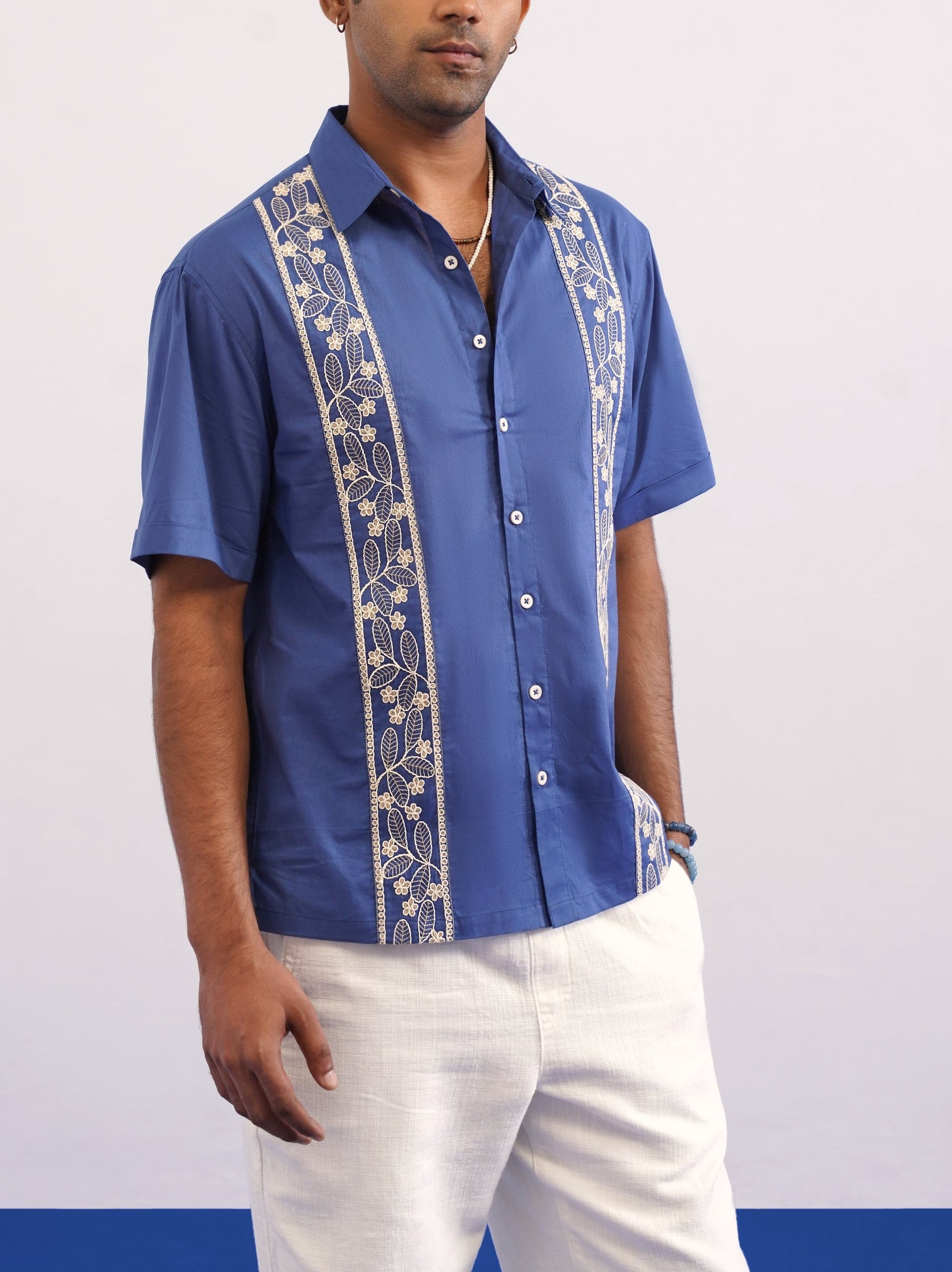 BOTANICAL TRAIL COTTON SHIRT - TIDAL BLUE