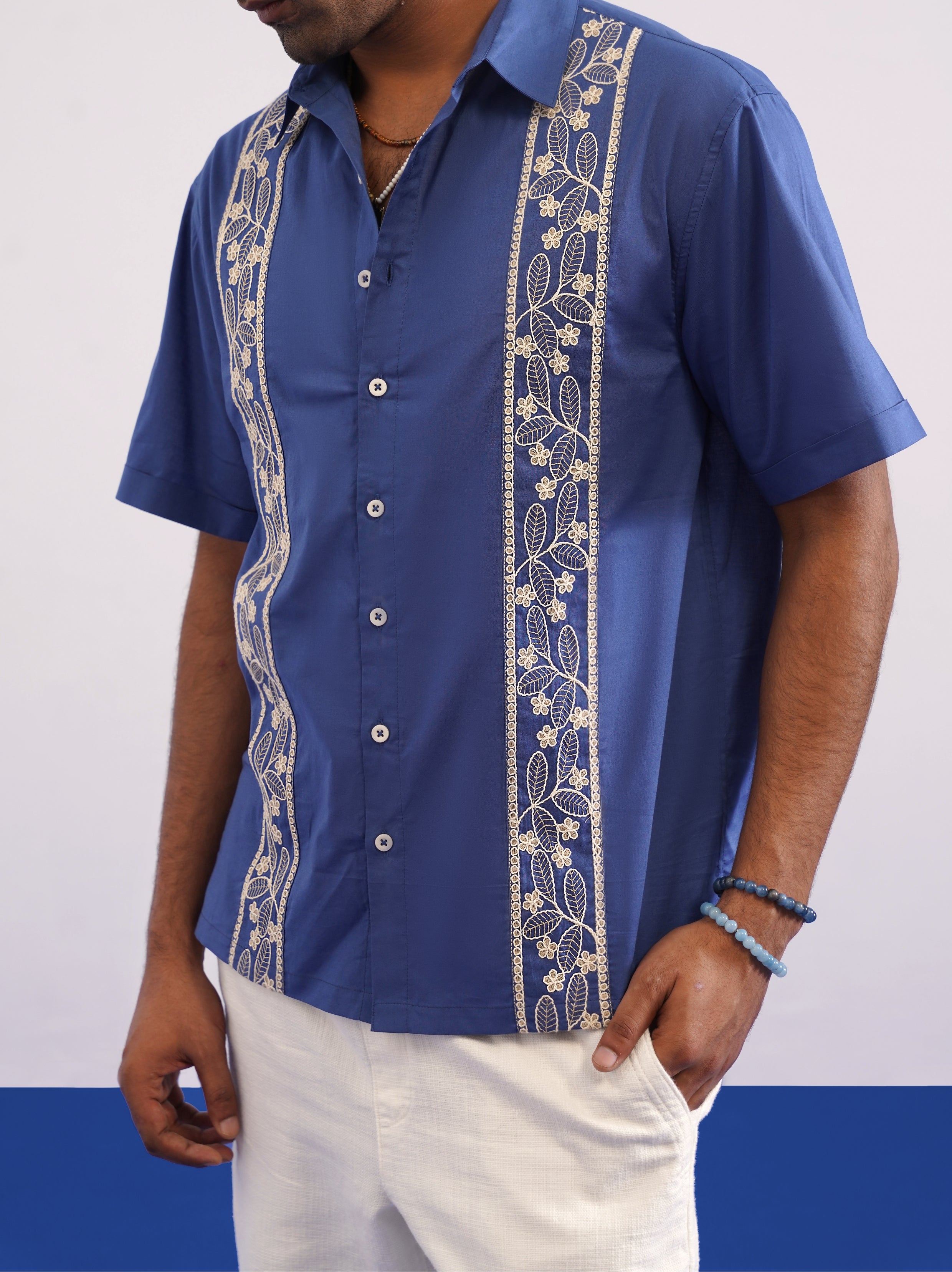 BOTANICAL TRAIL COTTON SHIRT - TIDAL BLUE
