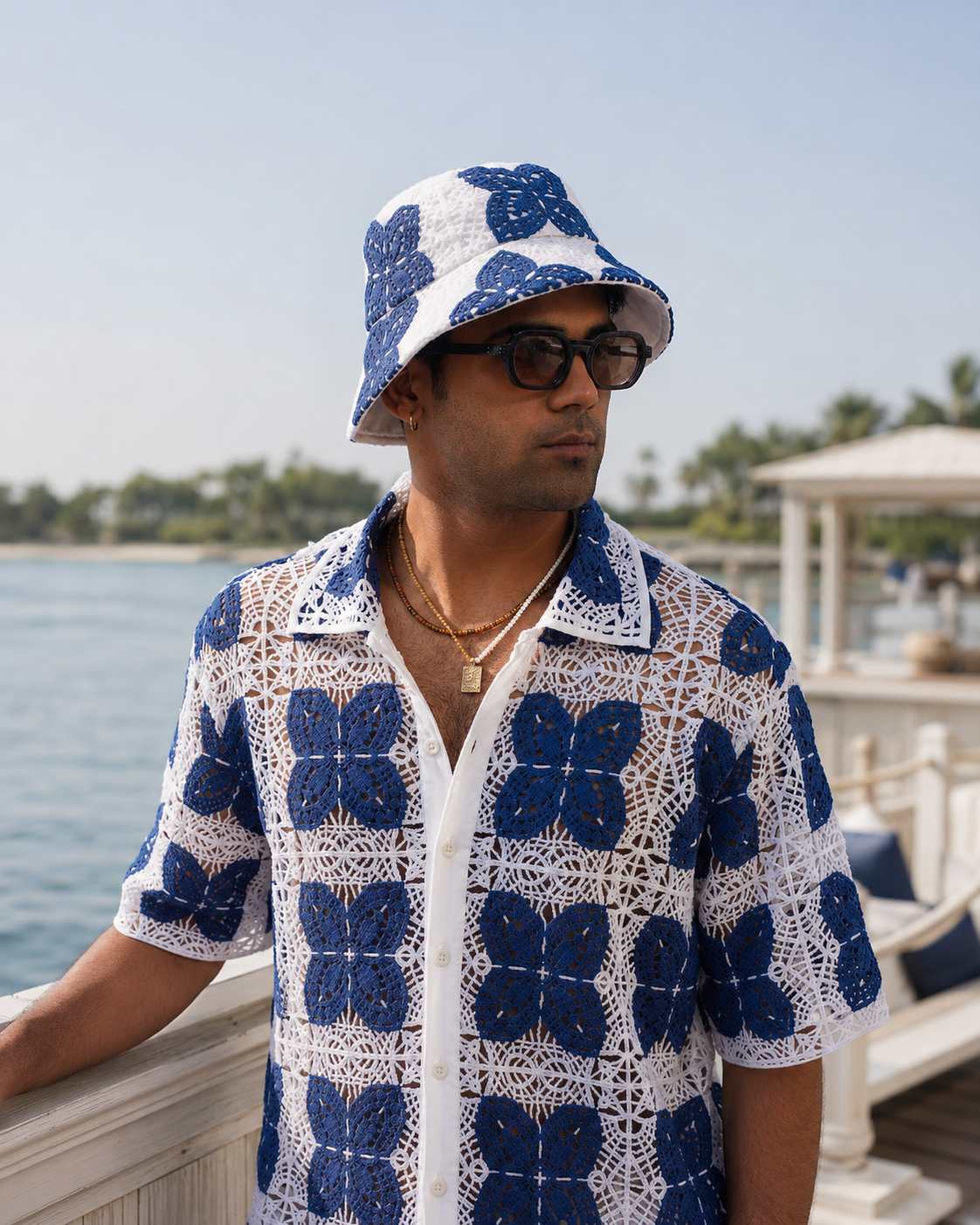 AZUR BLOOM GUIPURE BUCKET HAT - PORCELAIN NAVY