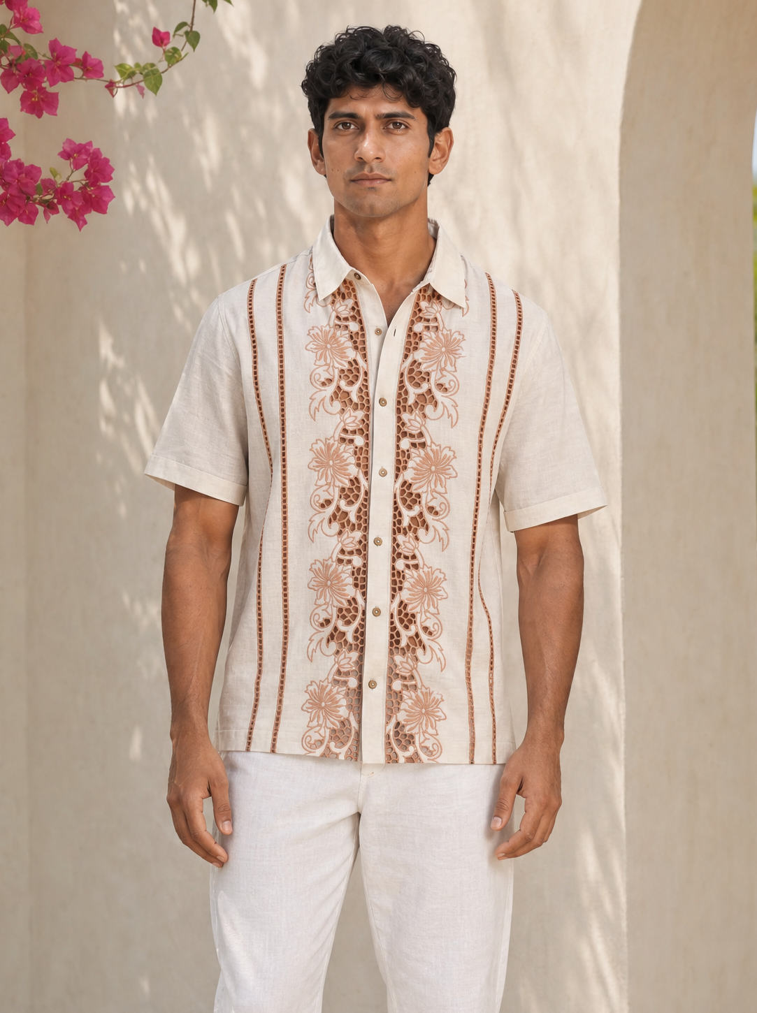 Twin Vines Cotton Linen Shirt (Beige Cream)