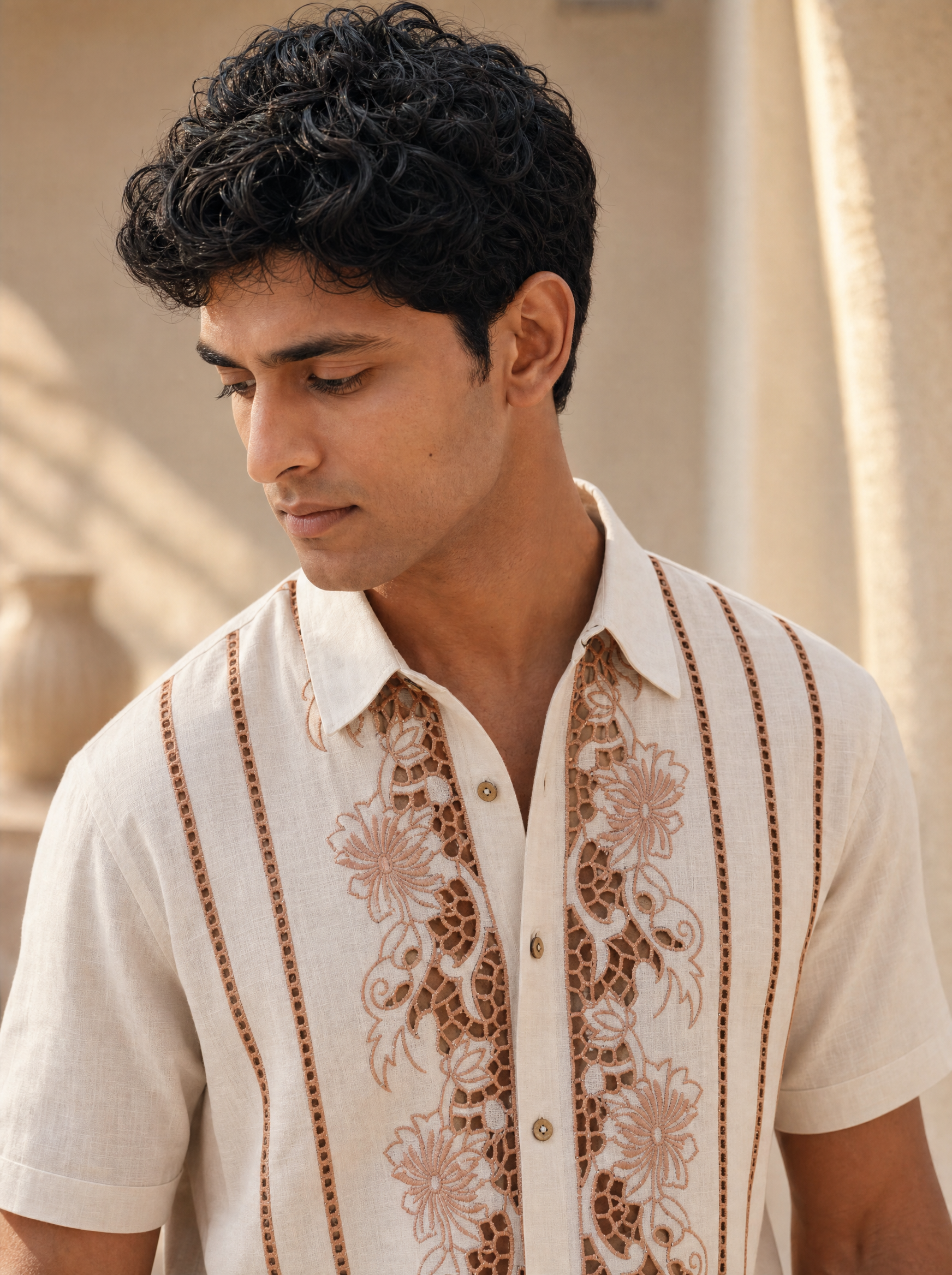 Twin Vines Cotton Linen Shirt (Beige Cream)