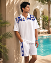 KRAB CREST GUIPURE COTTON KNIT CO-ORD SET - COBALT PEARL