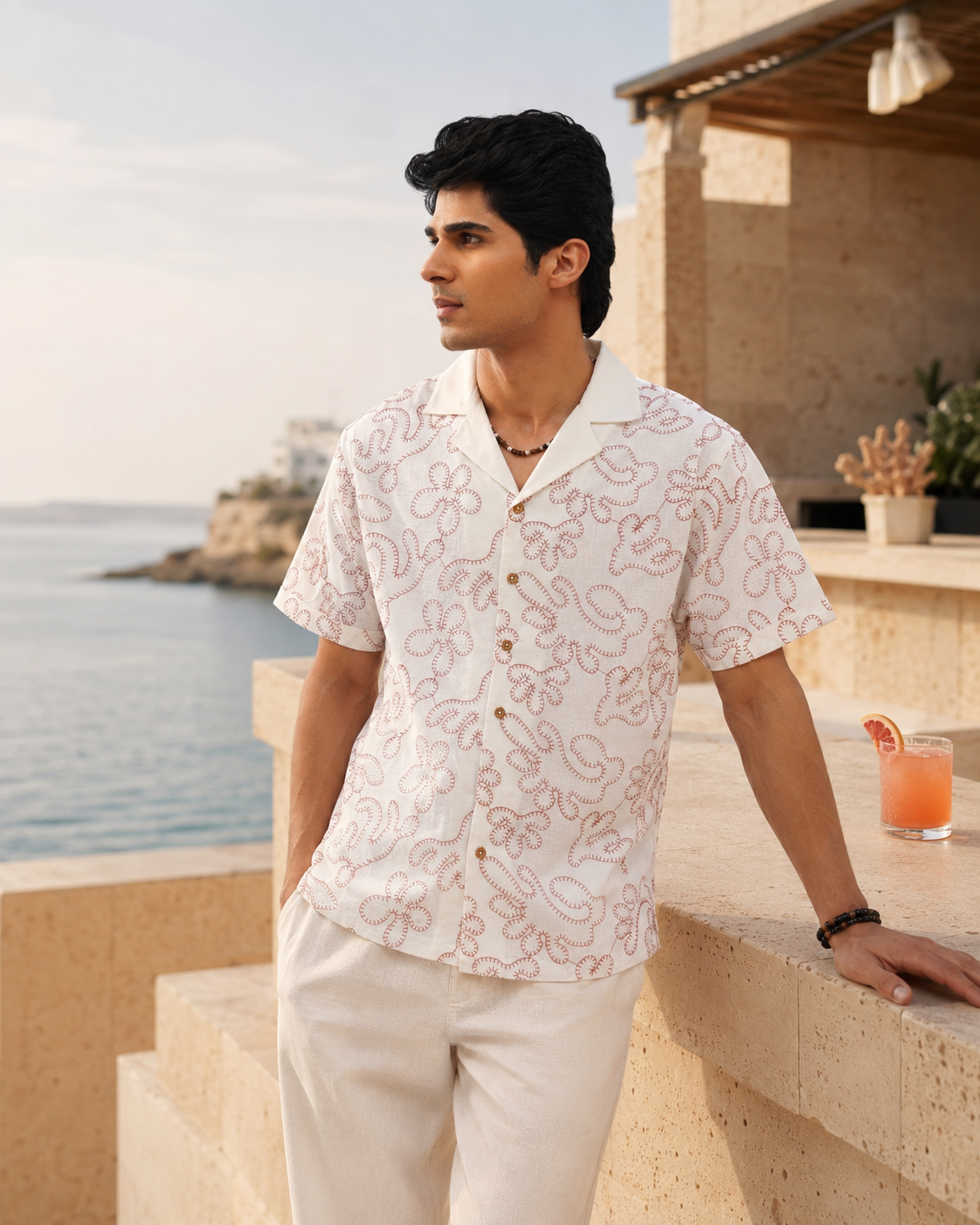 CORAL DRIFT COTTON LINEN SHIRT - SALT/CORAL RED