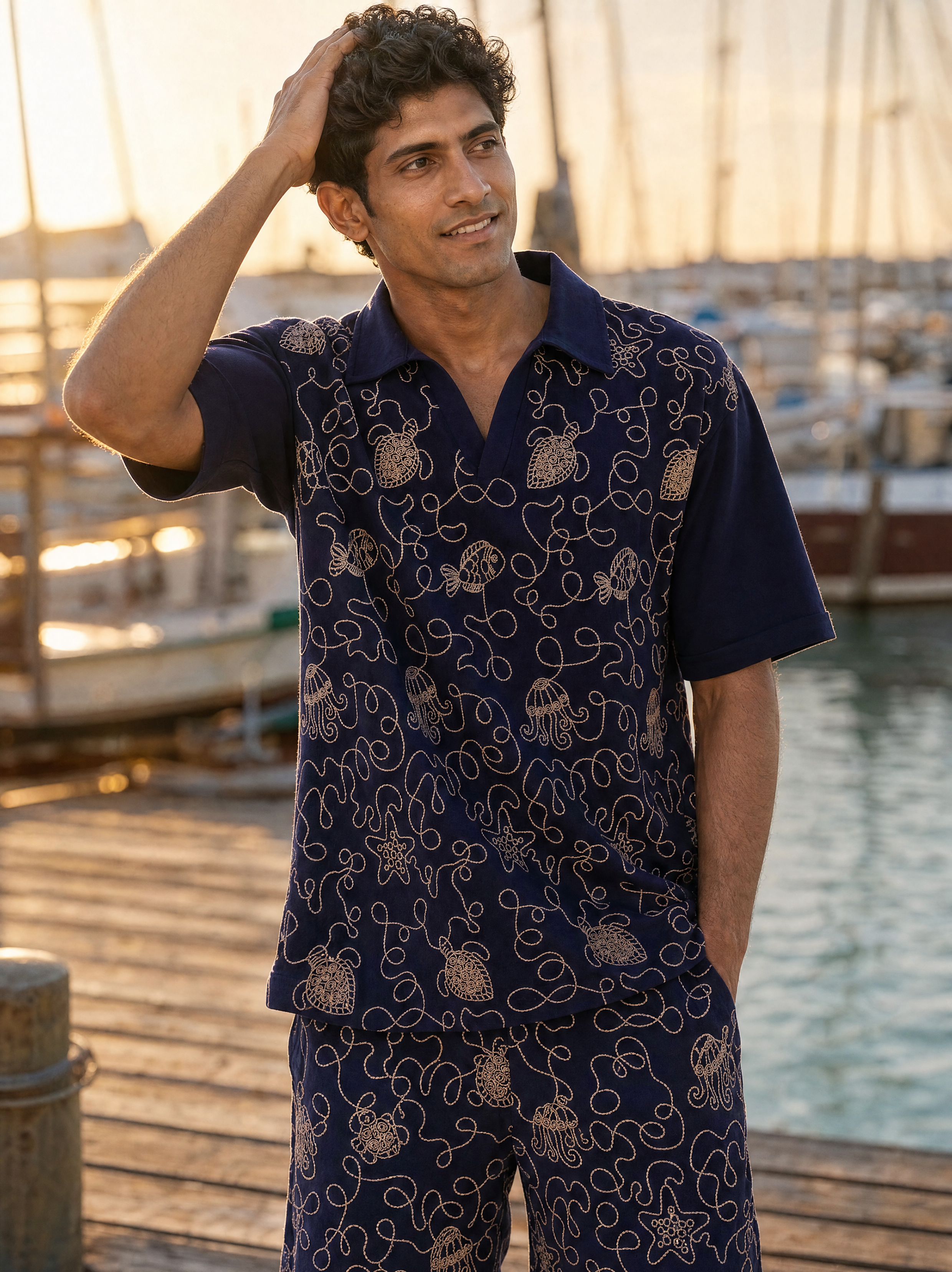 Reef Rider Cotton Knit Co-ord Set (Dark Indigo)