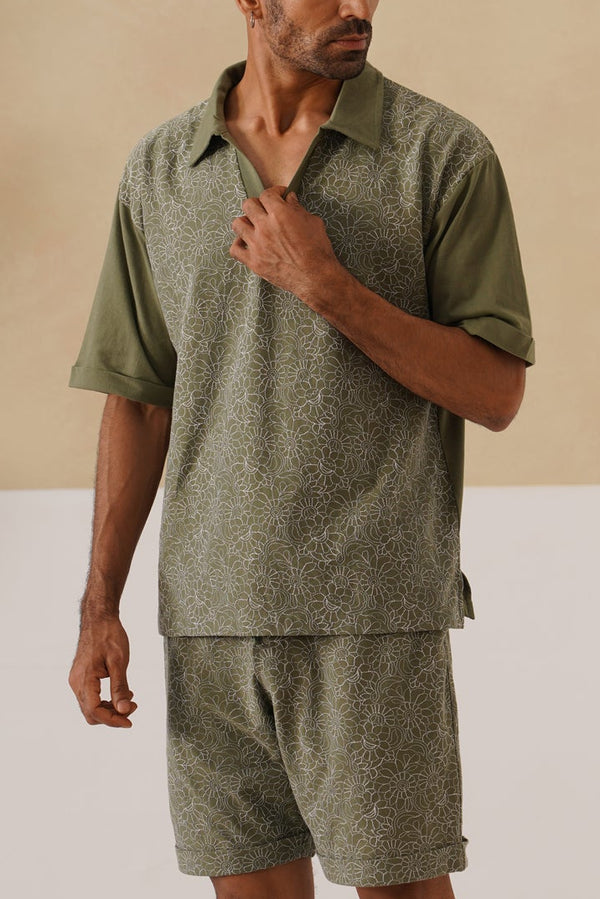 Shady Blooms Cotton Knit Co-ord Set (Dark Green)