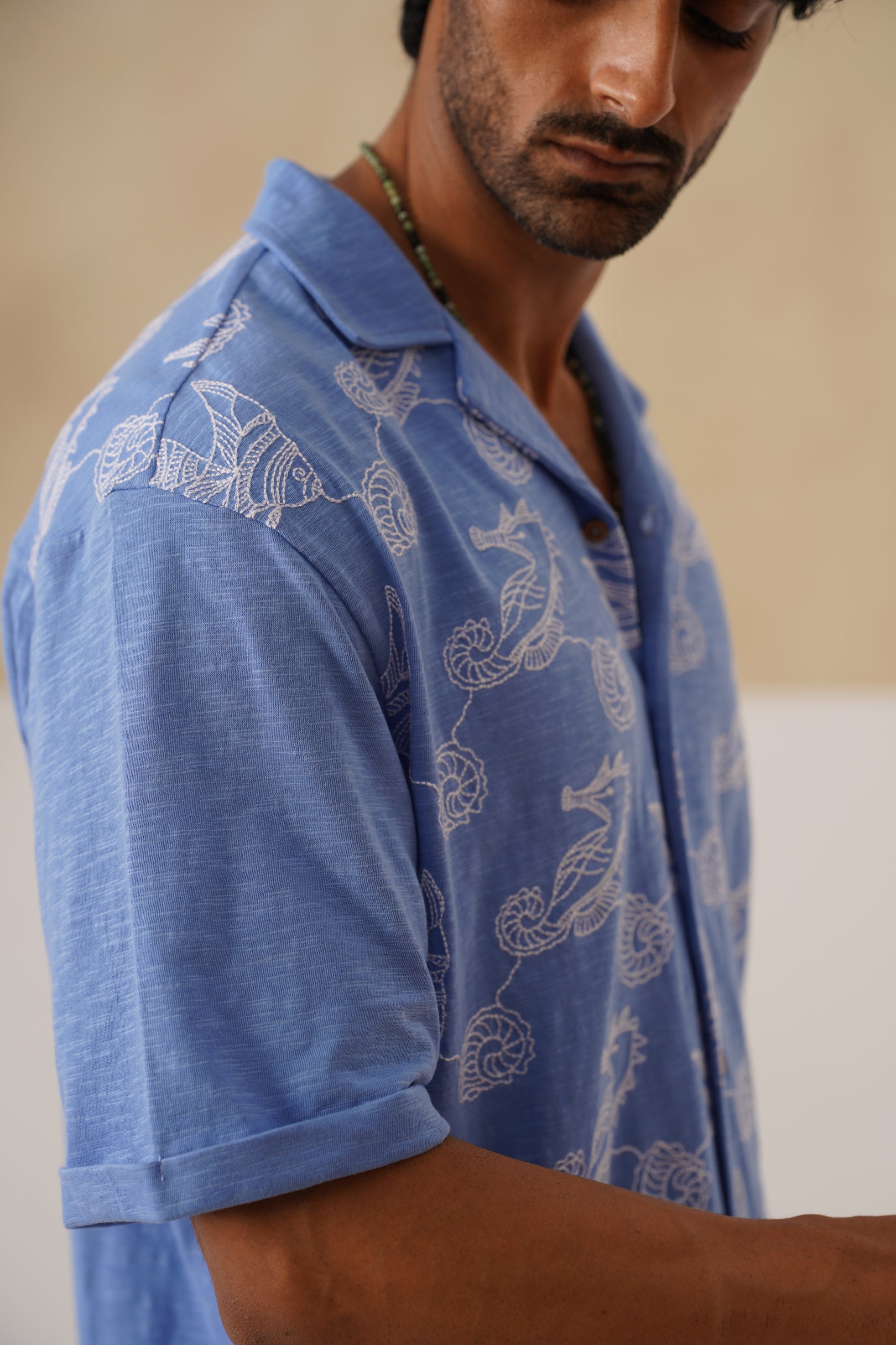 Tidal Tales Cotton Slub Knit Shirt (Ocean Blue)