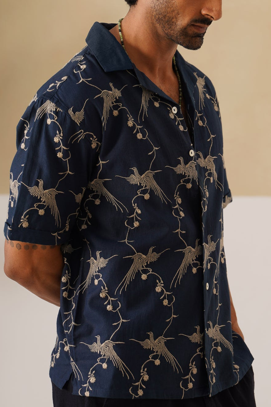 Plume & Bloom Cotton Linen Shirt (Navy Blue With Ivory Embroidery)