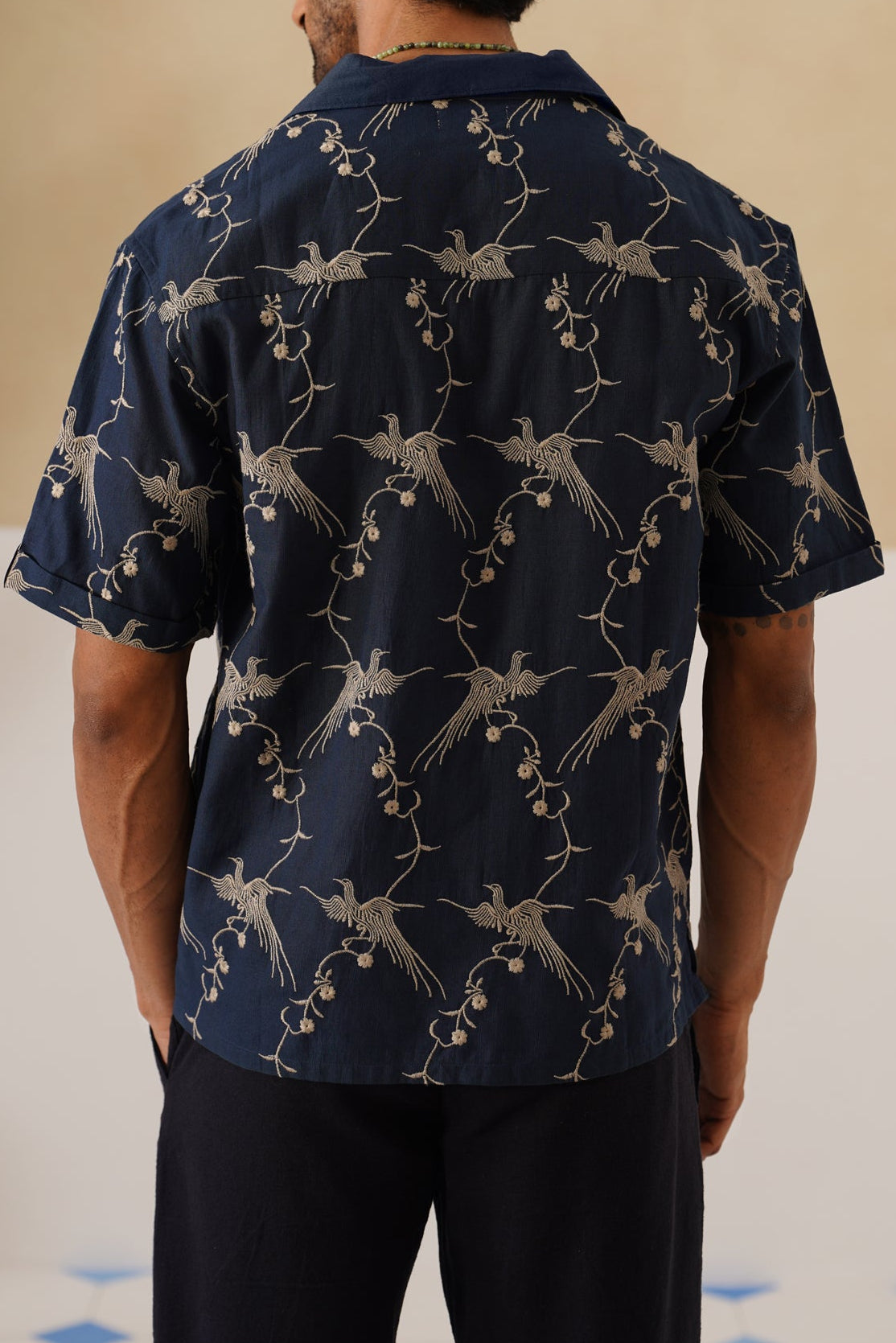 Plume & Bloom Cotton Linen Shirt (Navy Blue With Ivory Embroidery)