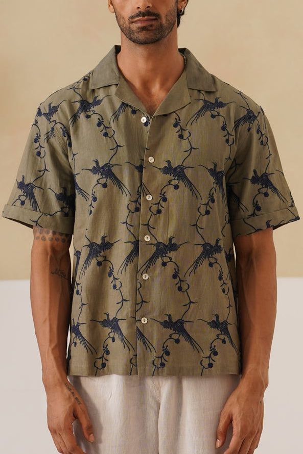 Plume & Bloom Cotton Linen Shirt (Navy Blue With Ivory Embroidery)