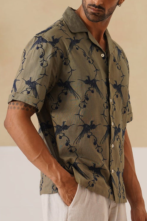 Plume & Bloom Cotton Linen Shirt (Navy Blue With Ivory Embroidery)