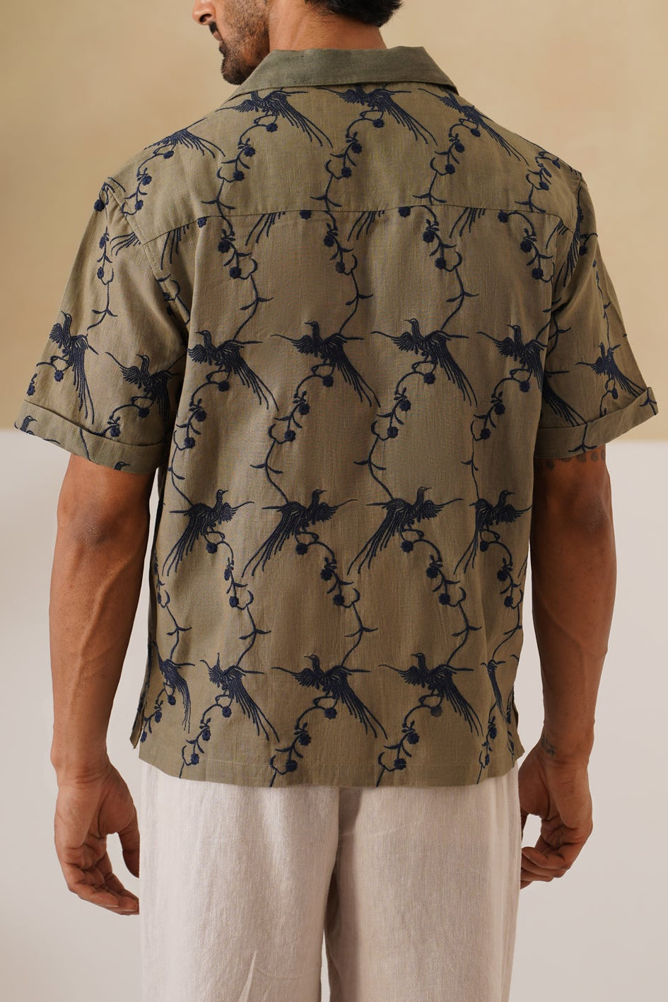 Plume & Bloom Cotton Linen Shirt (Olive Green with Navy Embroidery)