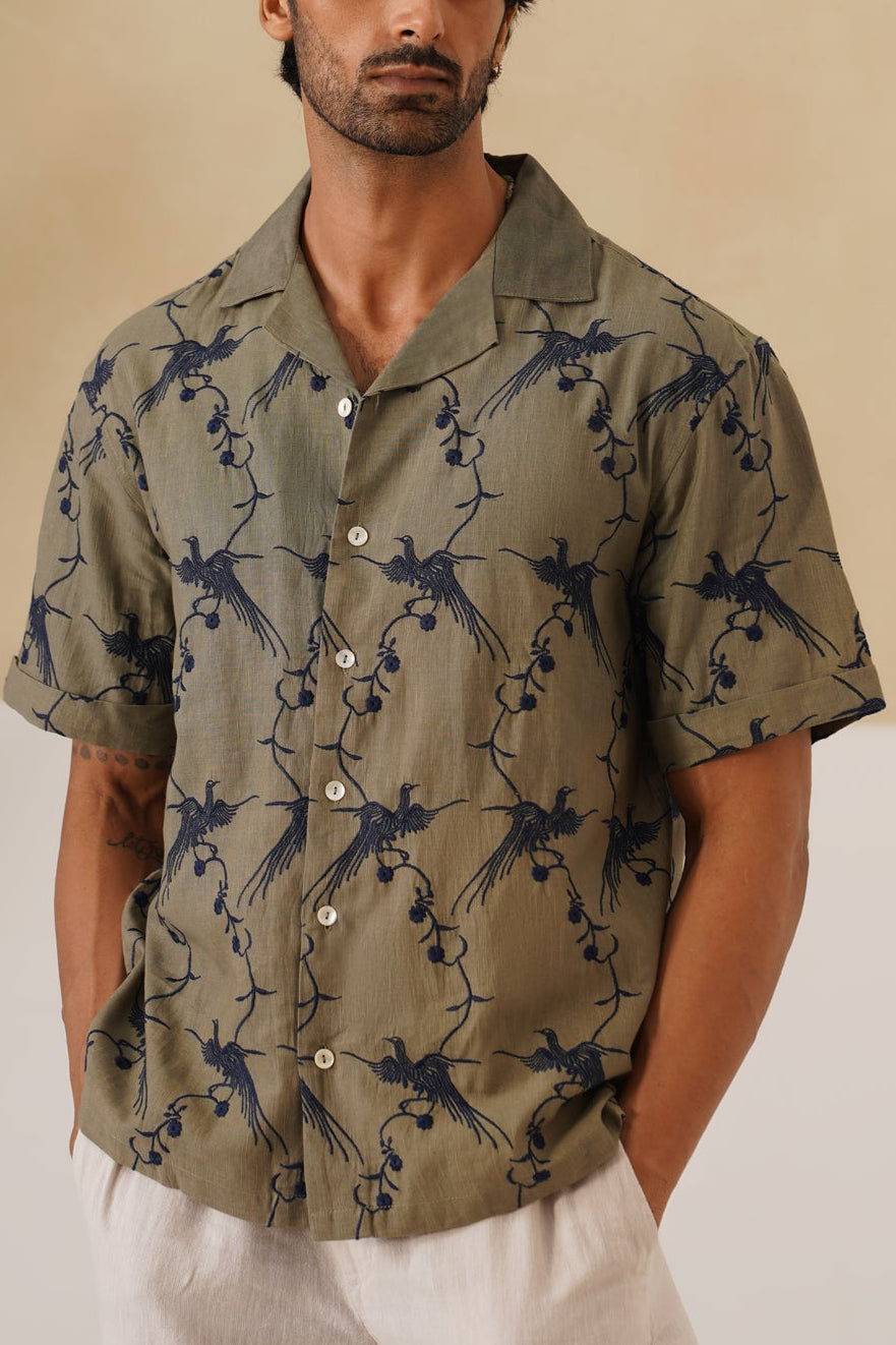 Plume & Bloom Cotton Linen Shirt (Navy Blue With Ivory Embroidery)