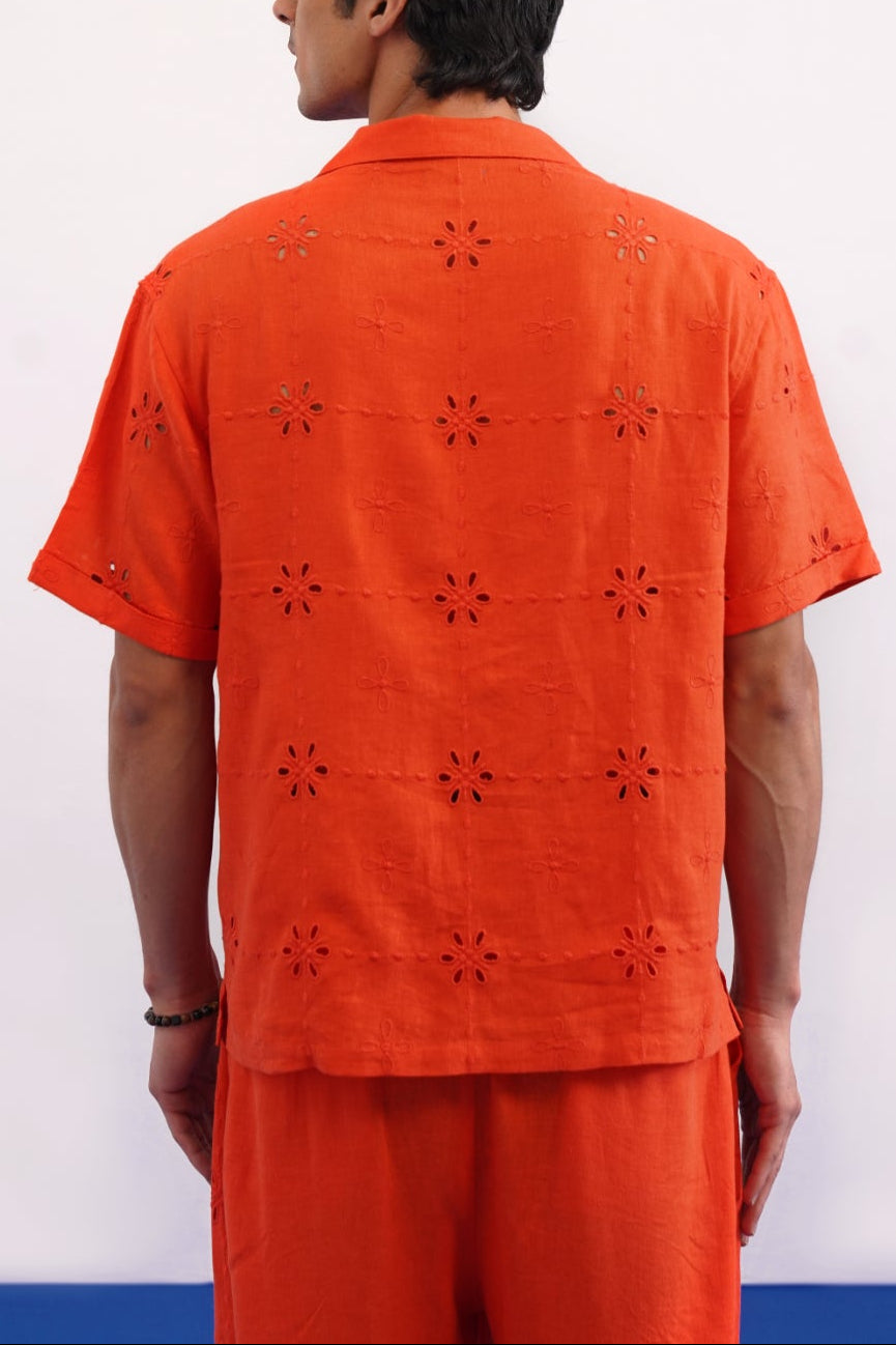 TANGERINE EYELET VISCOSE LINEN SHIRT - TANGERINE ORANGE