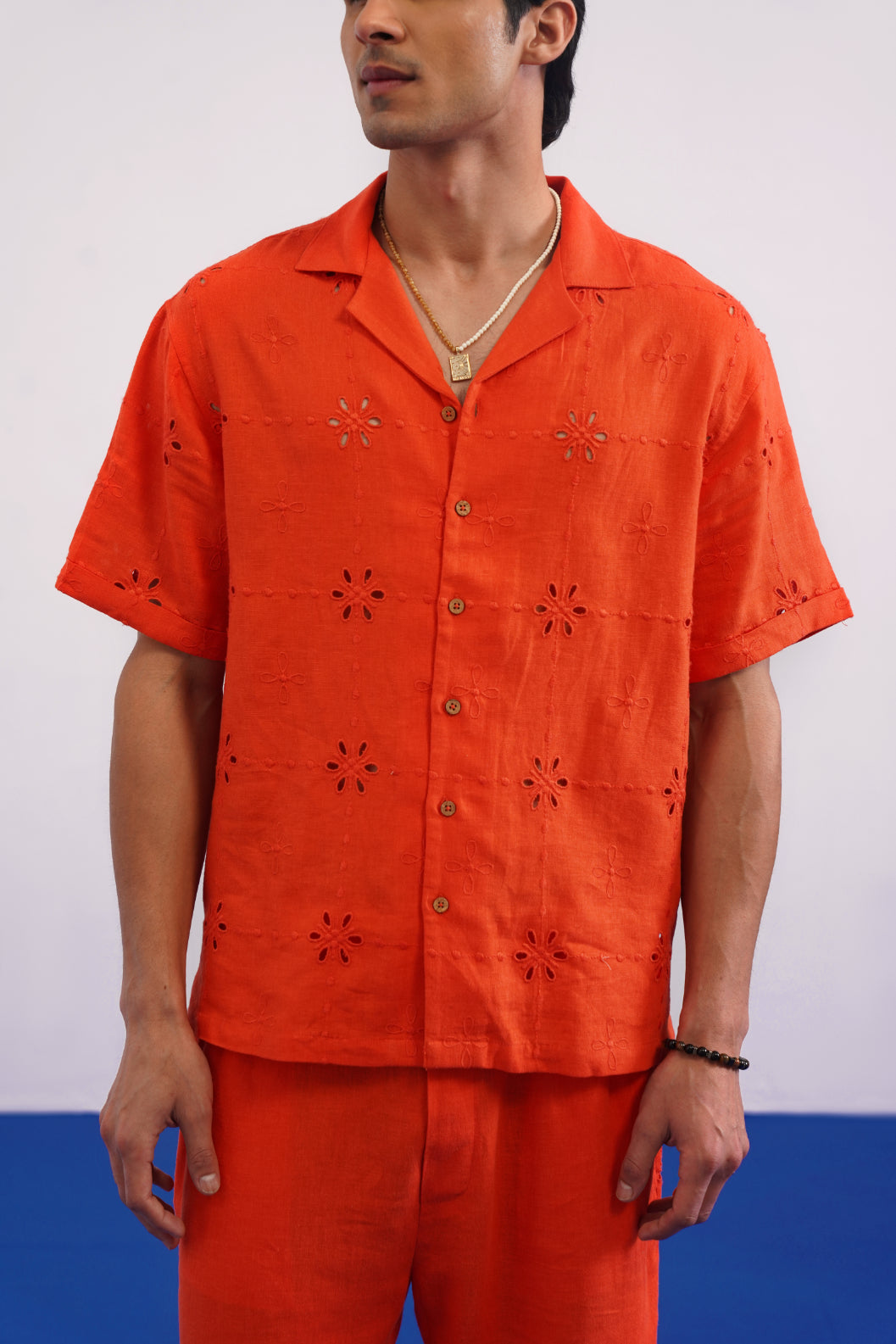 TANGERINE EYELET VISCOSE LINEN SHIRT - TANGERINE ORANGE