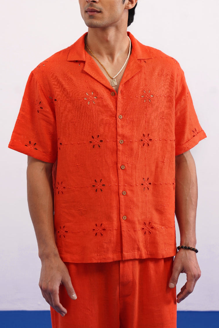 TANGERINE EYELET VISCOSE LINEN SHIRT - TANGERINE ORANGE