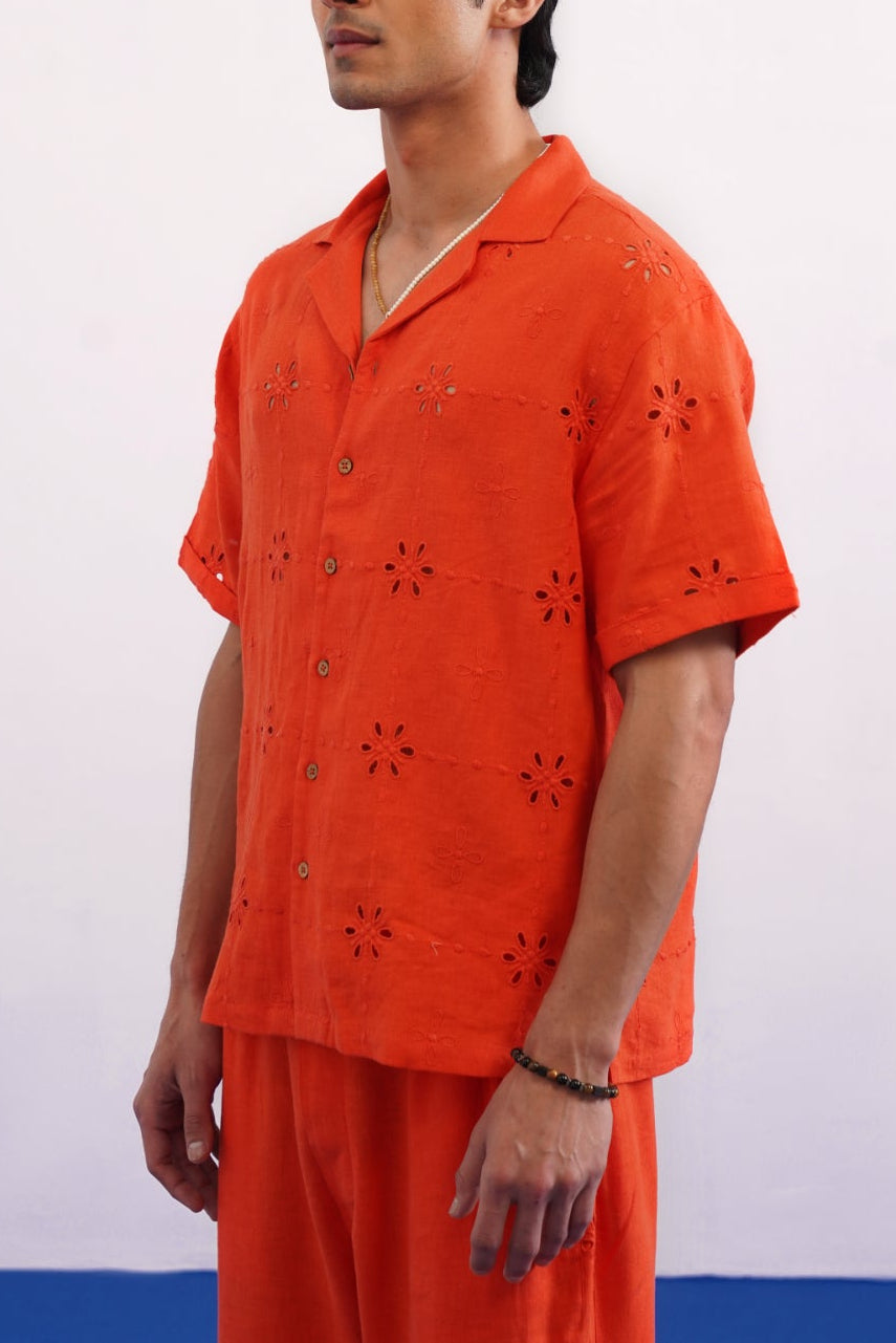 TANGERINE EYELET VISCOSE LINEN SHIRT - TANGERINE ORANGE