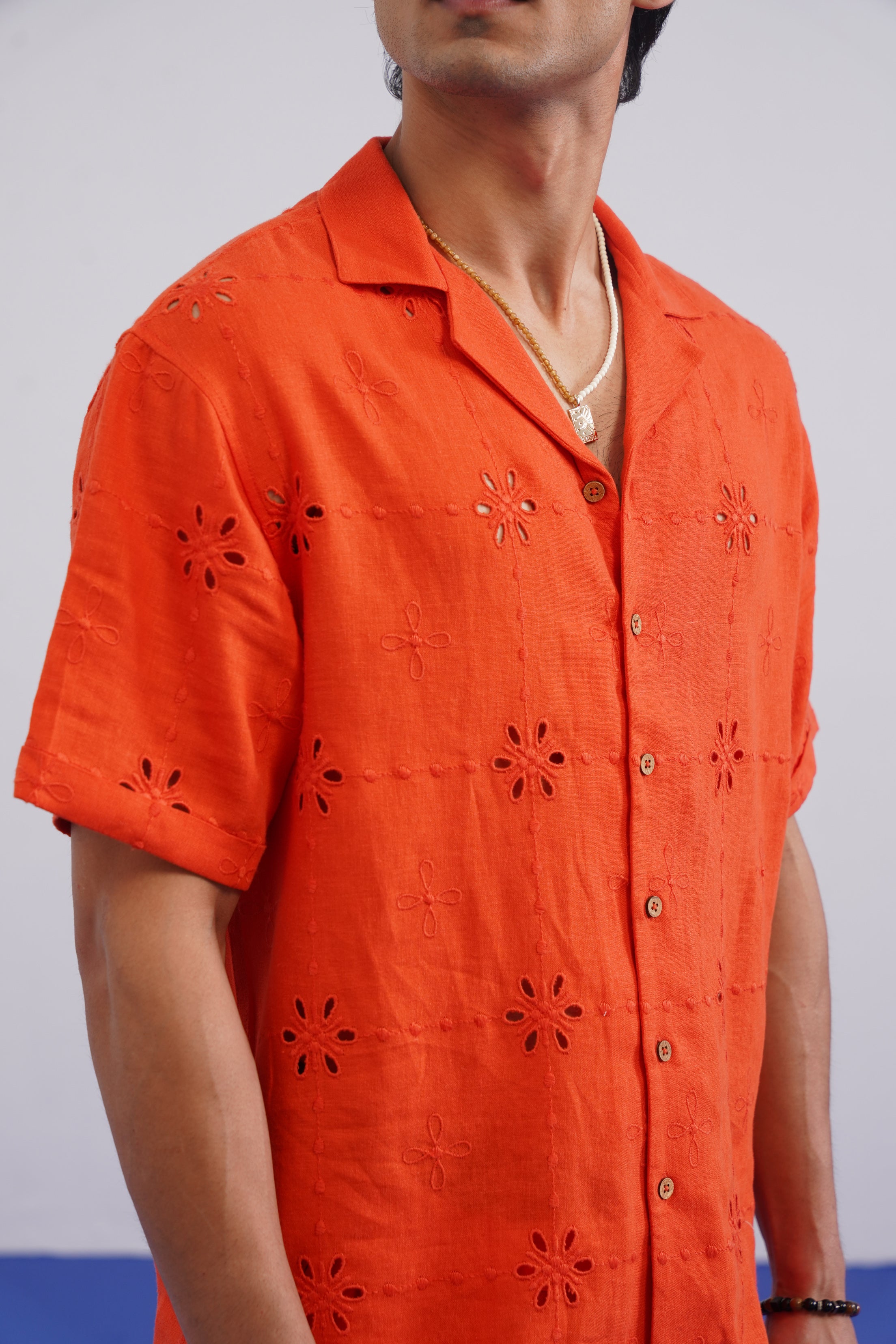 TANGERINE EYELET VISCOSE LINEN SHIRT - TANGERINE ORANGE
