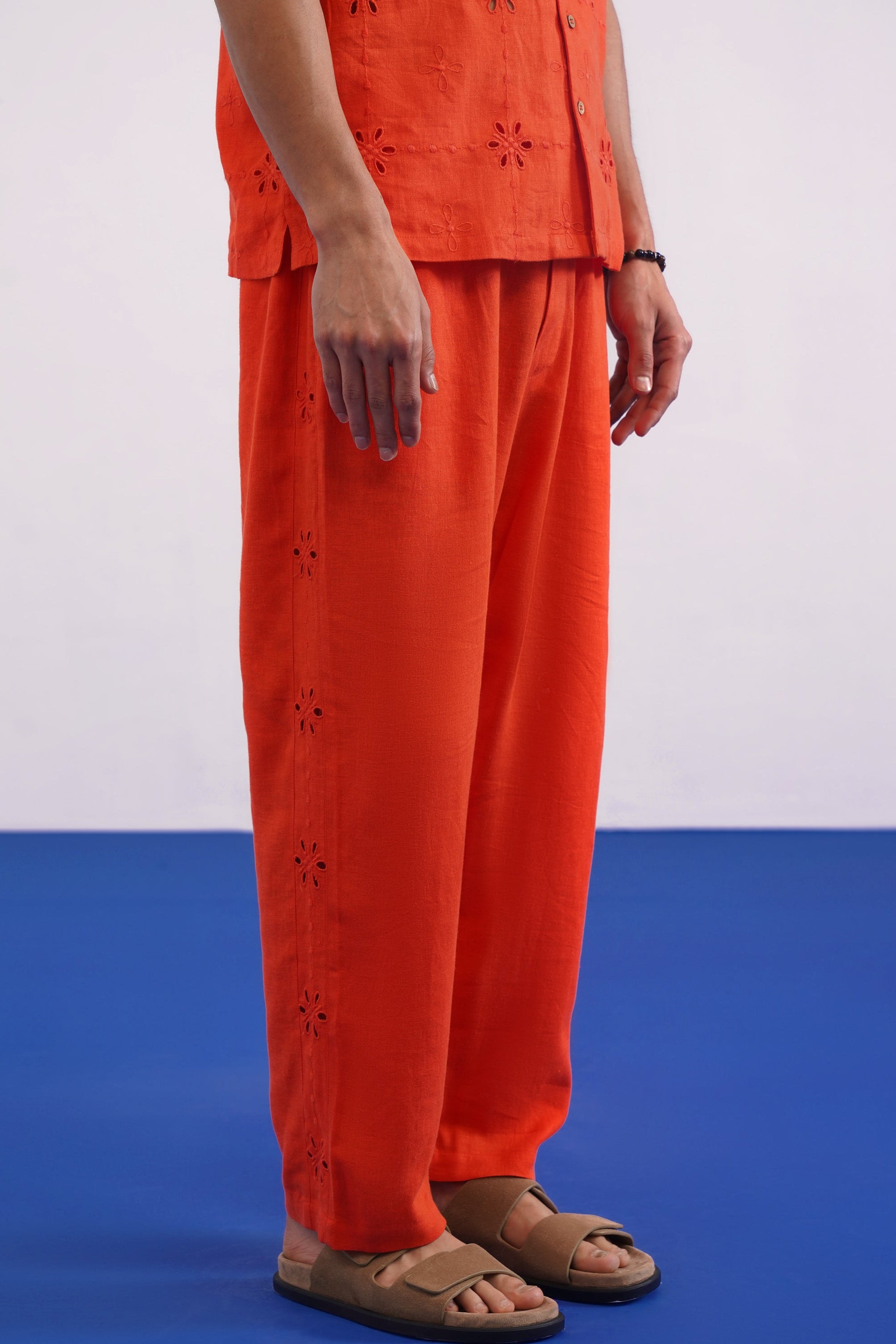 TANGERINE EYELET VISCOSE LINEN PJ PANTS - TANGERINE ORANGE
