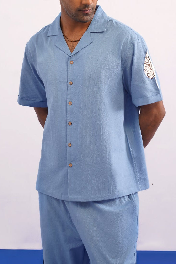 LAGOON LEAF SEERSUCKER SHIRT - CLOUD BLUE