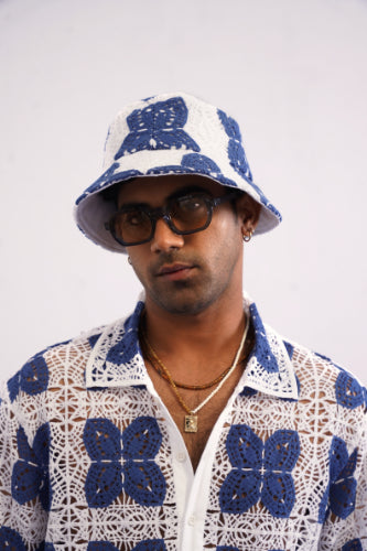 AZUR BLOOM GUIPURE BUCKET HAT - PORCELAIN NAVY