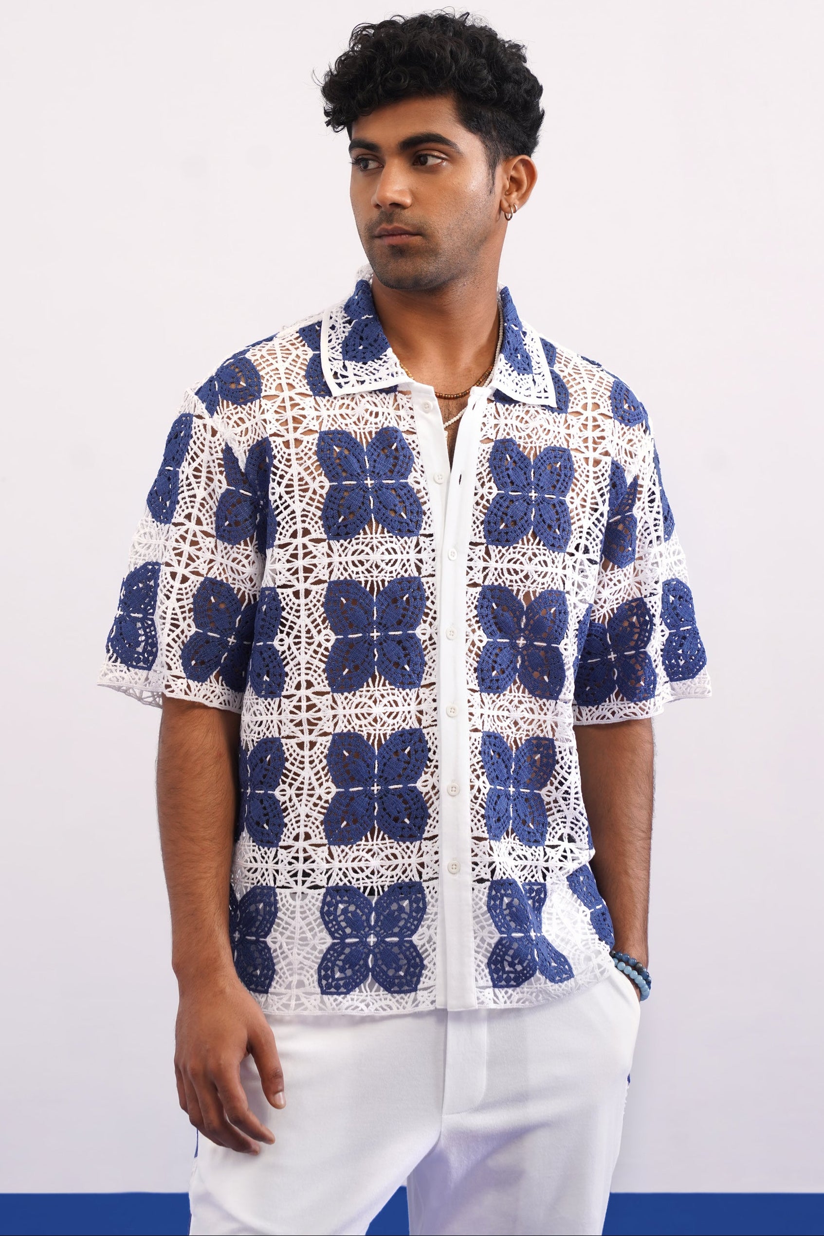 RIVIERA GUIPURE SHIRT CO-ORD SET - PORCELAIN NAVY
