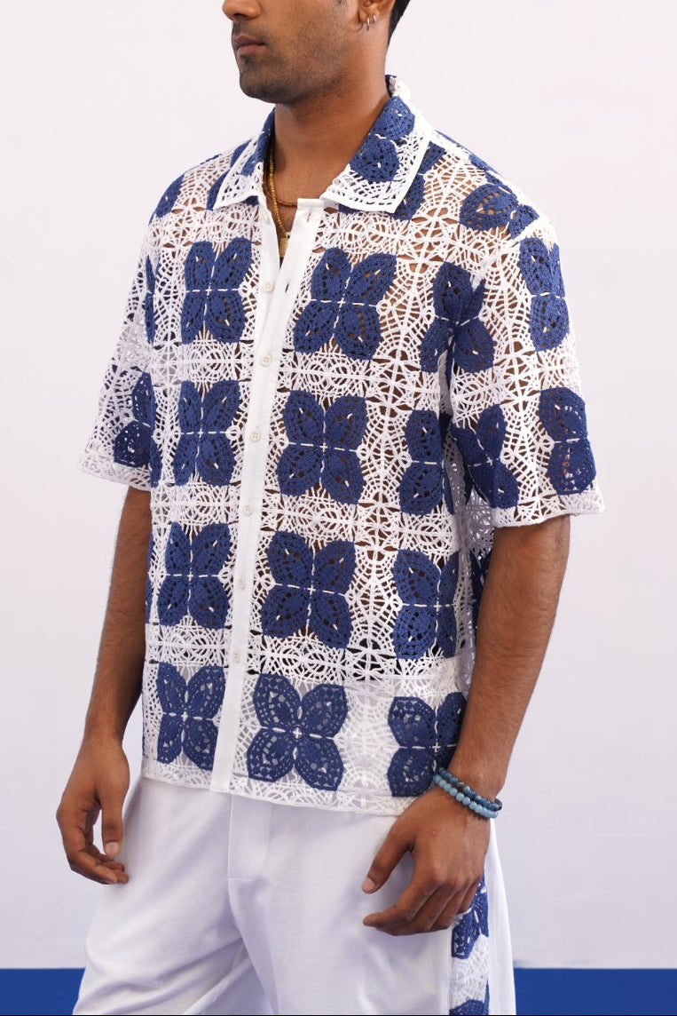 RIVIERA GUIPURE SHIRT - PORCELAIN NAVY