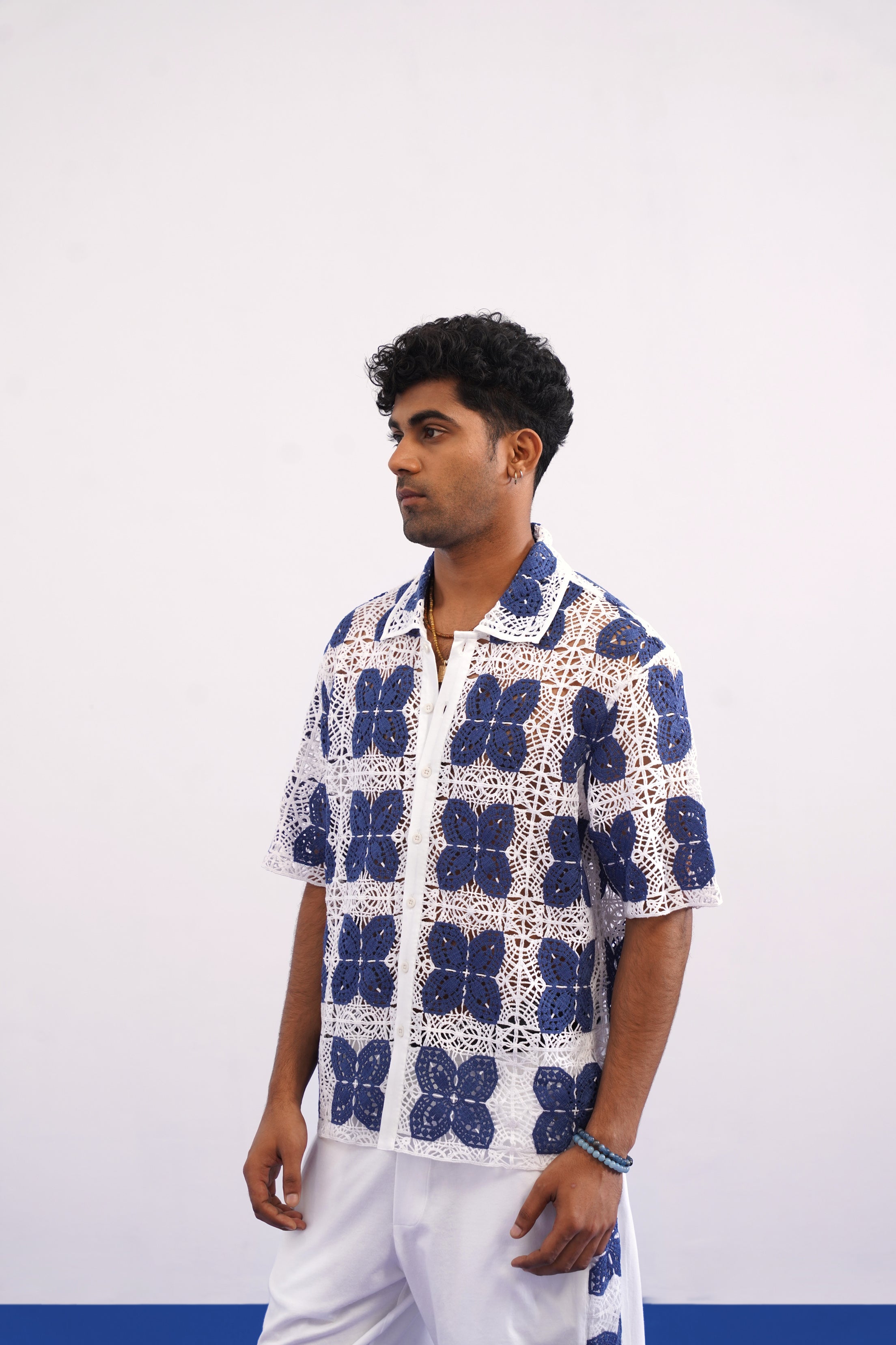 RIVIERA GUIPURE SHIRT - PORCELAIN NAVY