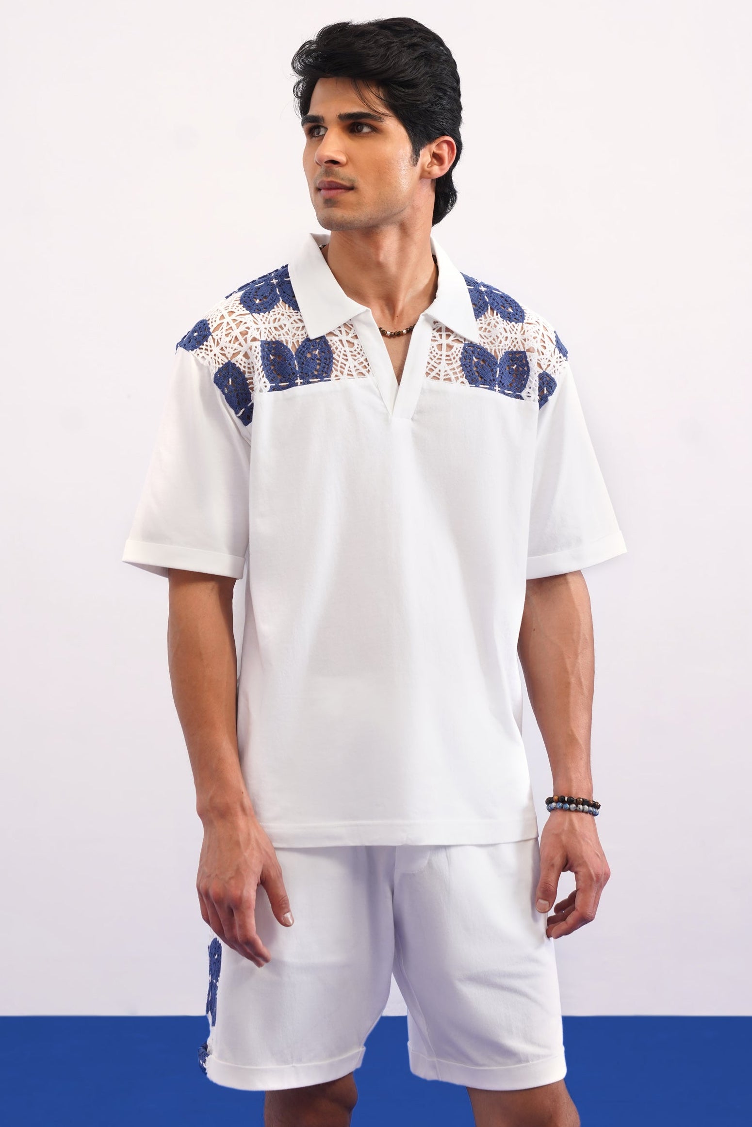 RIVIERA GUIPURE COTTON KNIT CO-ORD SET - PORCELAIN NAVY