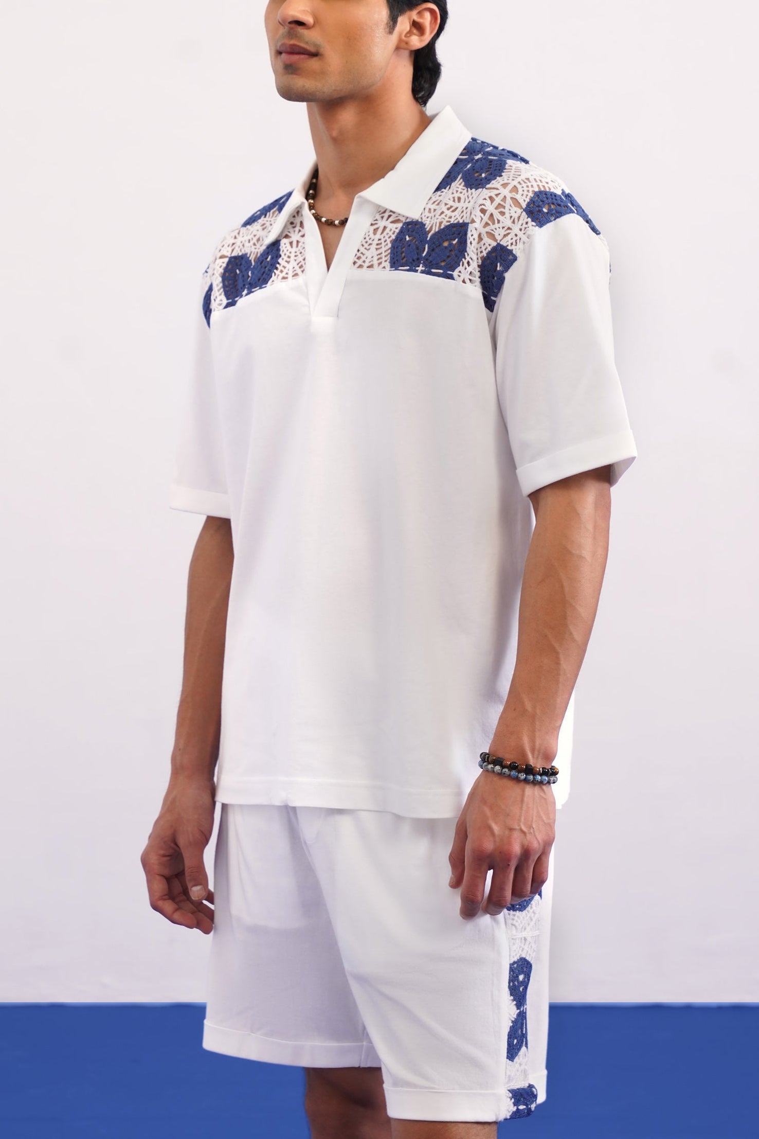 RIVIERA GUIPURE COTTON KNIT CO-ORD SET - PORCELAIN NAVY
