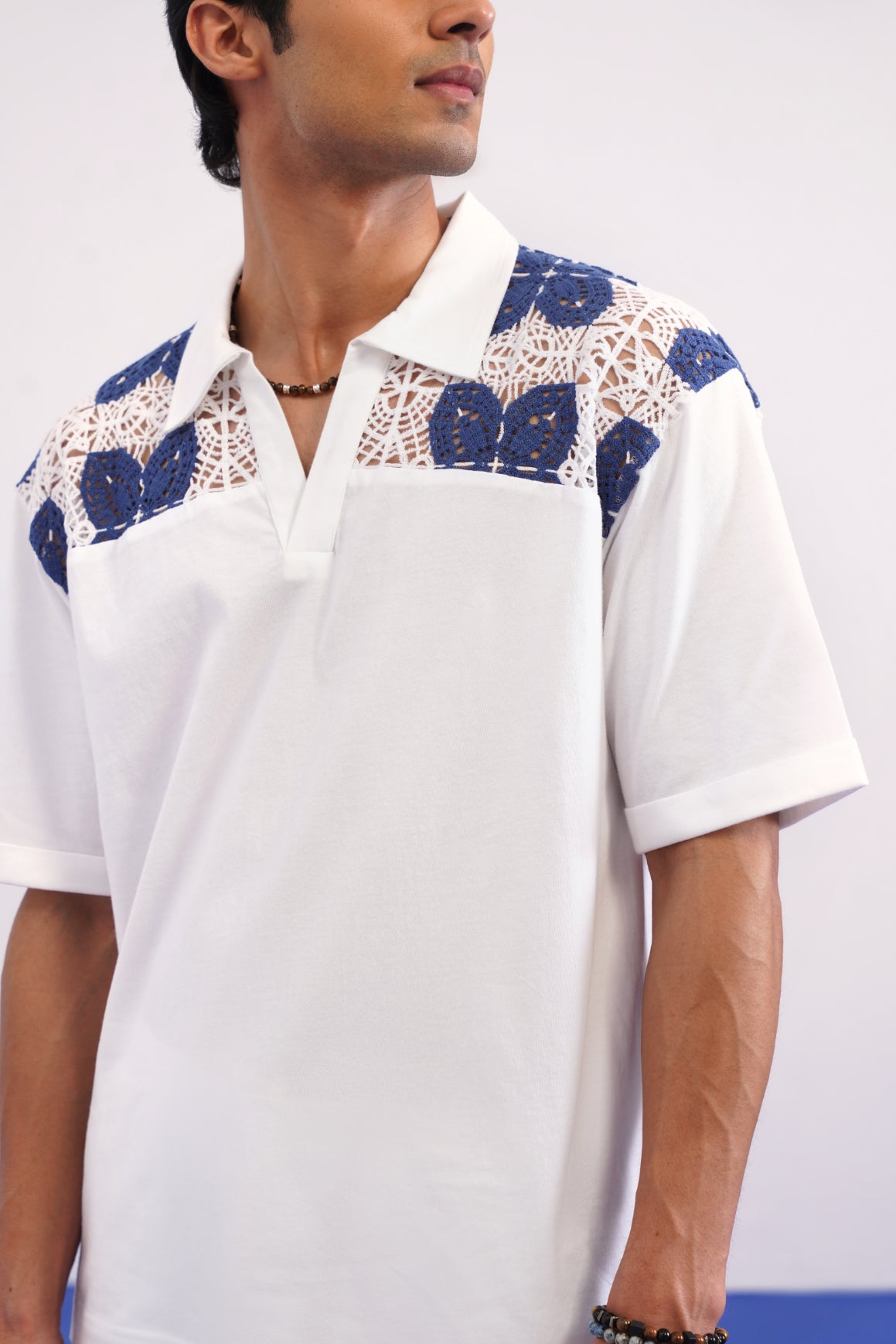 RIVIERA GUIPURE COTTON KNIT T-SHIRT - PORCELAIN NAVY