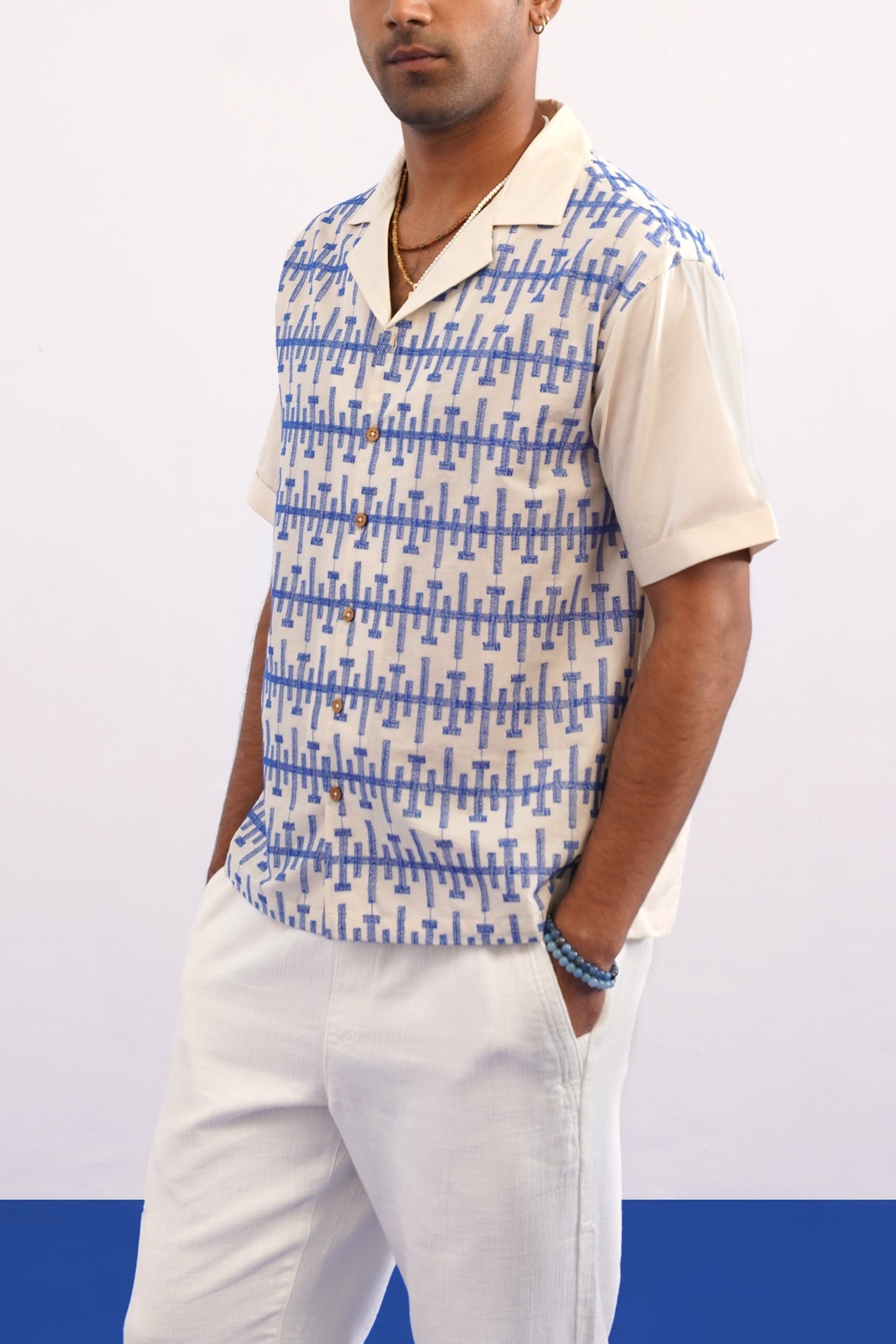 PIERLINE COTTON SHIRT - ECRU/COBALT BLUE