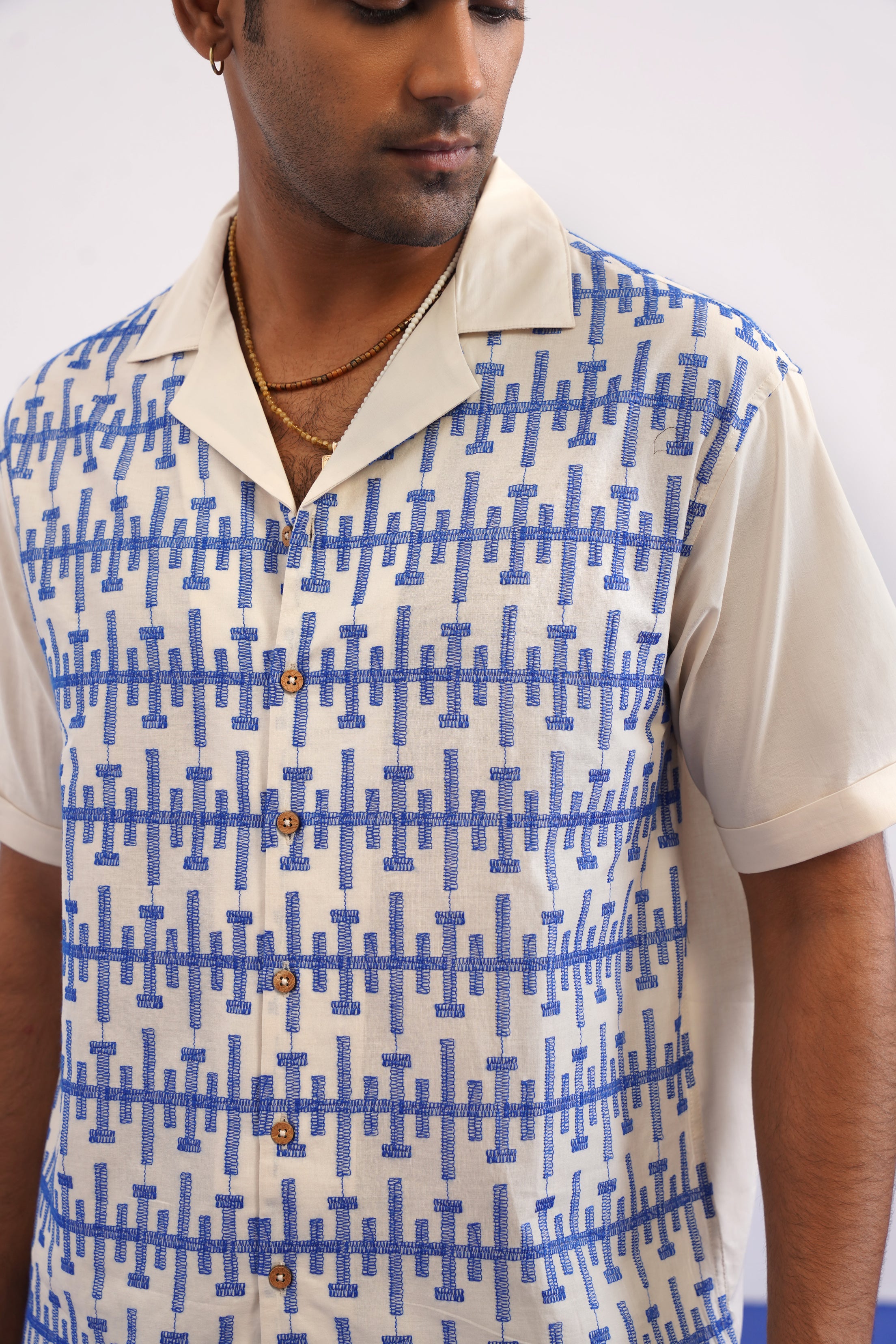 PIERLINE COTTON SHIRT - ECRU/COBALT BLUE