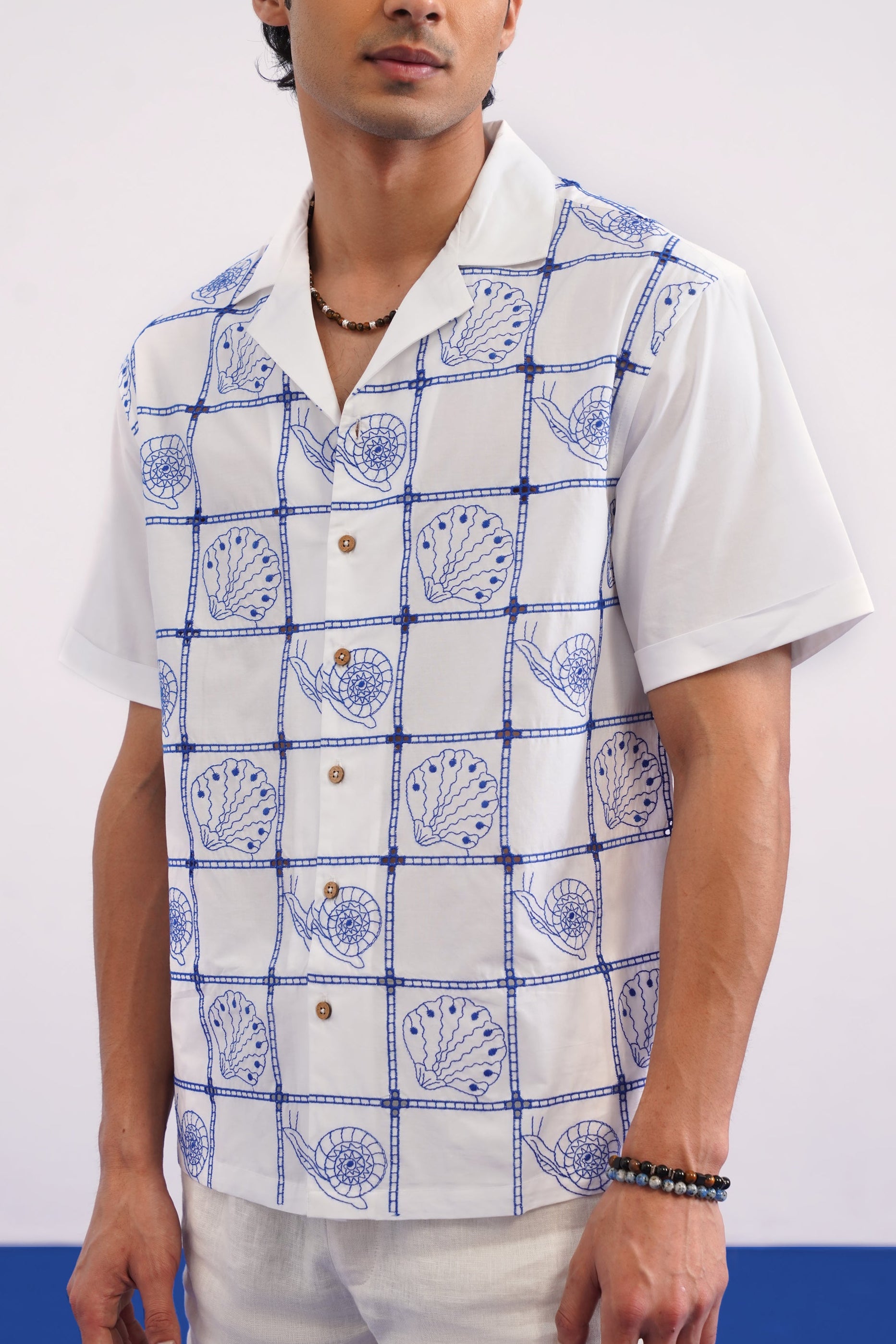 TIDE TILE COTTON SHIRT - SALT/COBALT BLUE