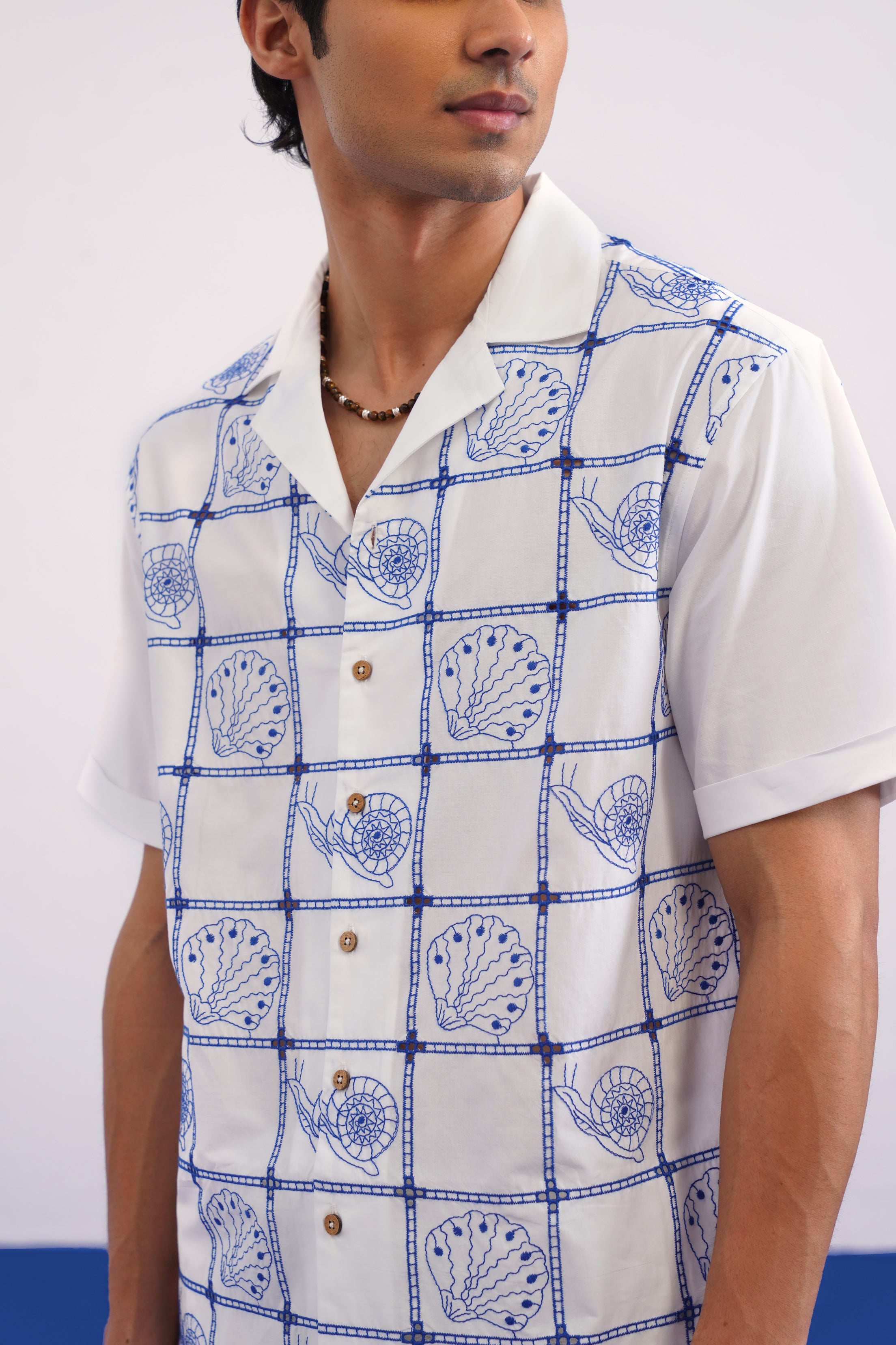 TIDE TILE COTTON SHIRT - SALT/COBALT BLUE