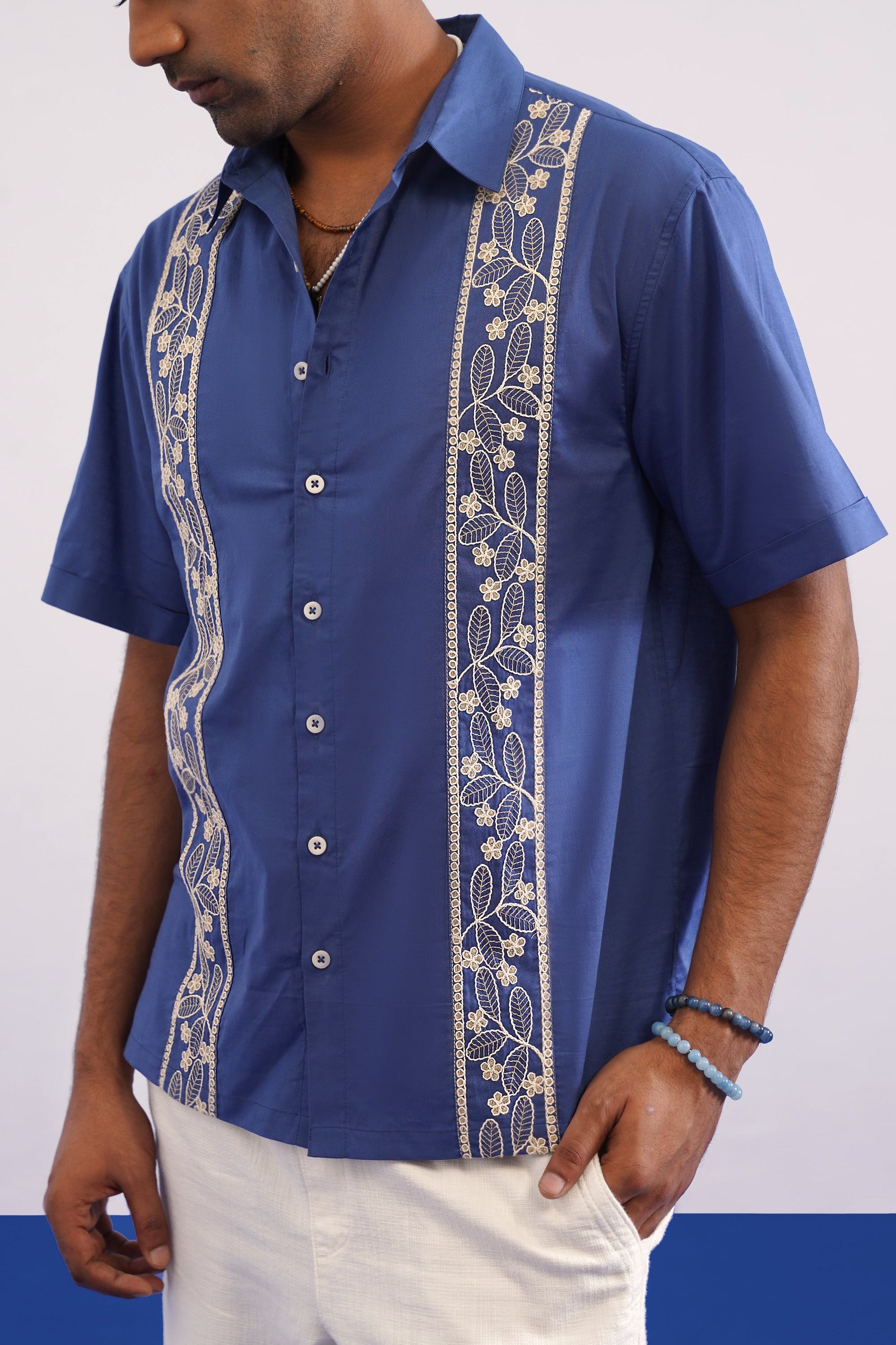 BOTANICAL TRAIL COTTON SHIRT - TIDAL BLUE